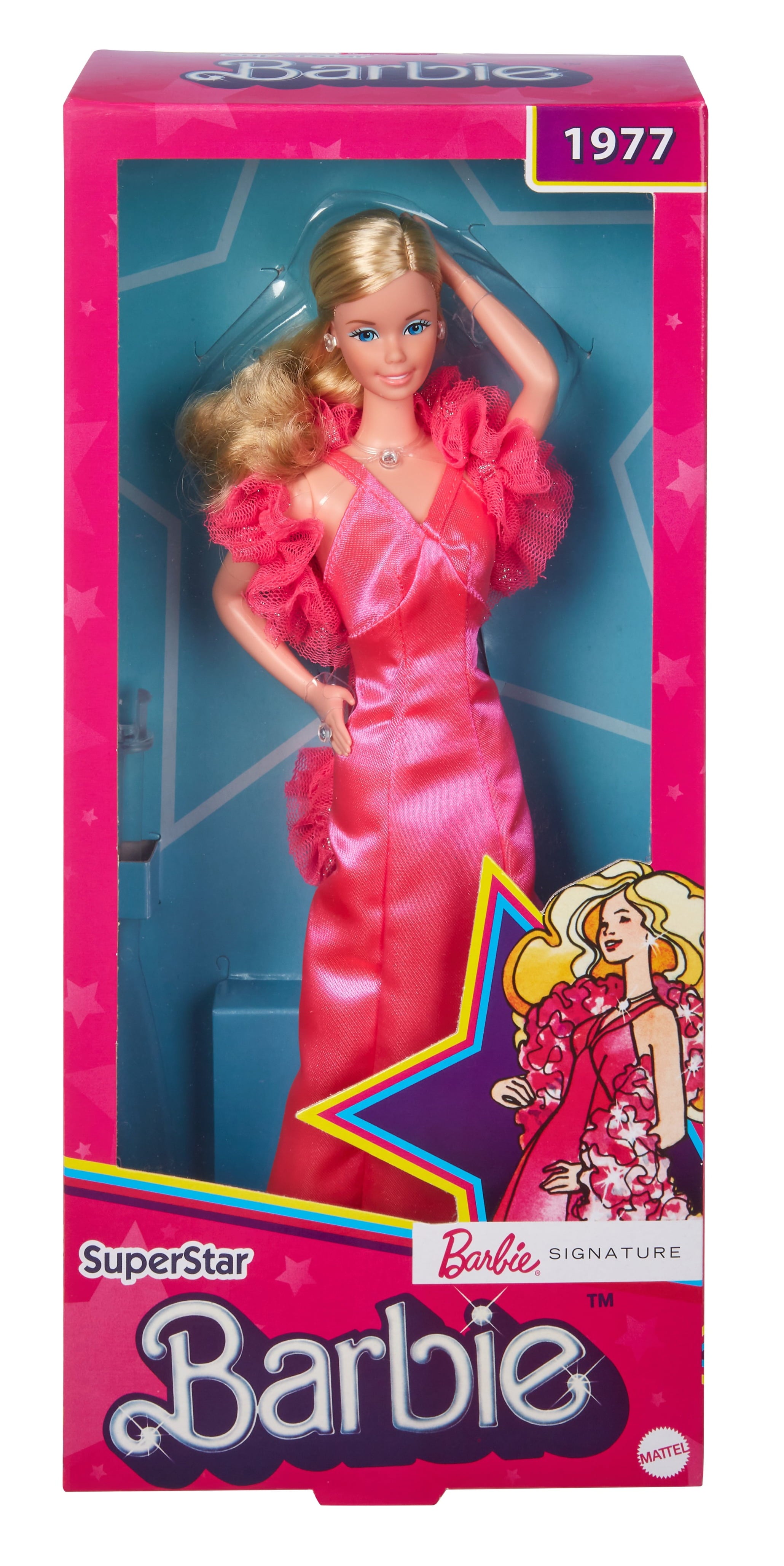 Barbie Signature 1977 Superstar Reproduction Doll in Fabulous Pink Gown with Ruffle Boa