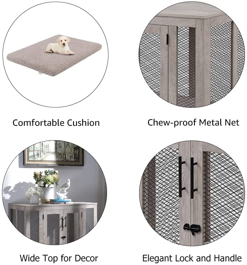 Unipaws Dog Crate Furniture with Cushion and Tray， Metal Mesh Dog Kennels with Double Doors， Medium Pet Kennel End Table Indoor， Gray