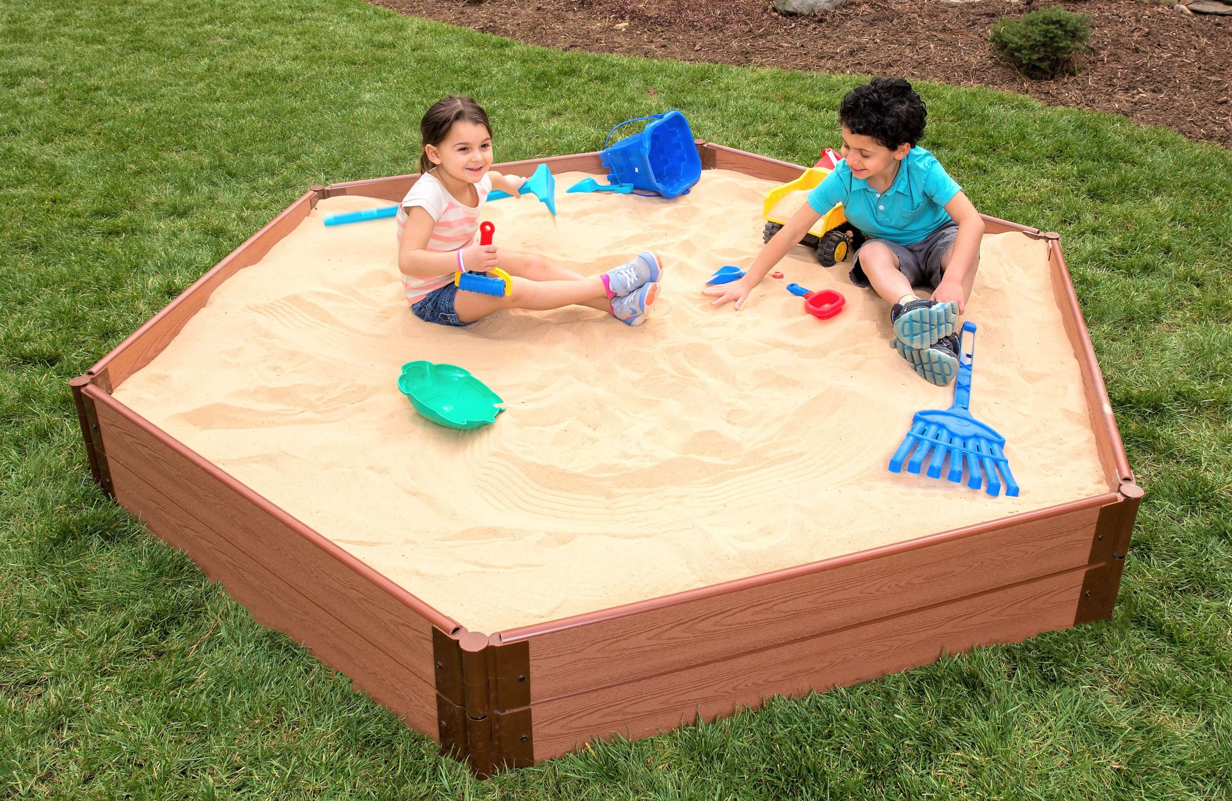 Frame It All Tool- Free Classic Sienna 7ft. x 8ft. x 11in. Composite Hexagon Sandbox Kit with Collapsible Cover - 1