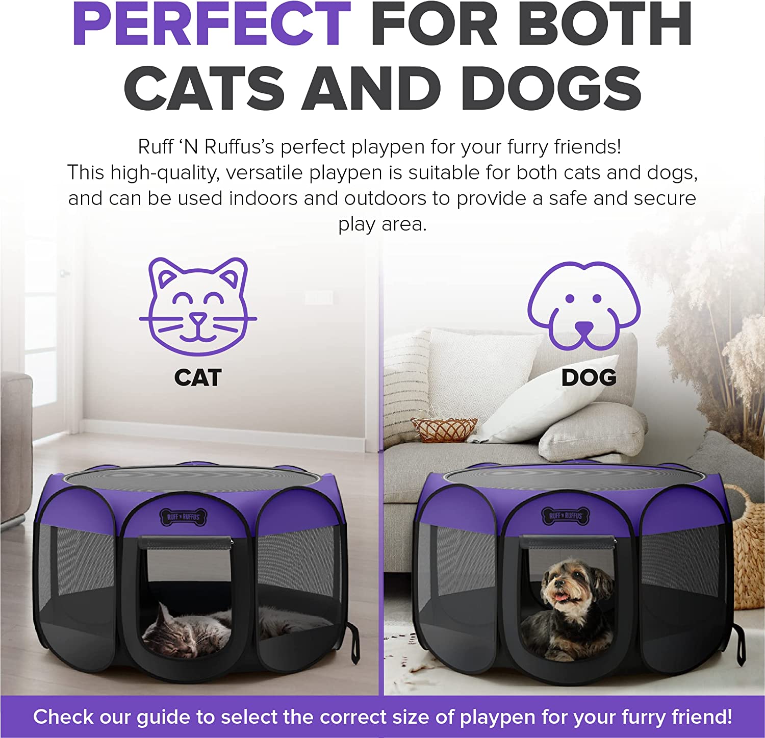 Ruff 'n Ruffus Portable Foldable Pet Playpen + Free Carry Case and Bowl | Indoor/Outdoor Water-Resistant Shade Cover