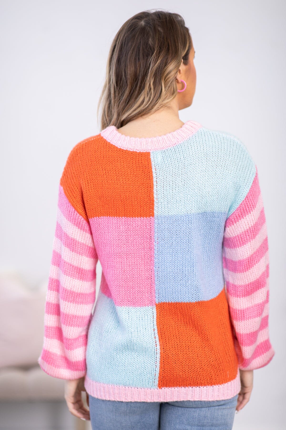 Pink and Blue Colorblock Stripe Sleeve Sweater