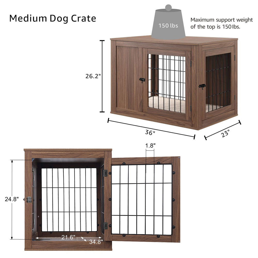 Unipaws Dog Crate End Table with Cushion， Wooden Wire Pet Kennels with Double Doors， Modern Design Dog House， Chew-Proof， Walnut
