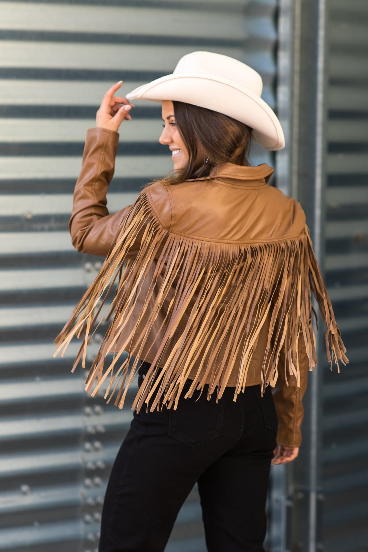 Mocha Faux Leather Jacket With Fringe