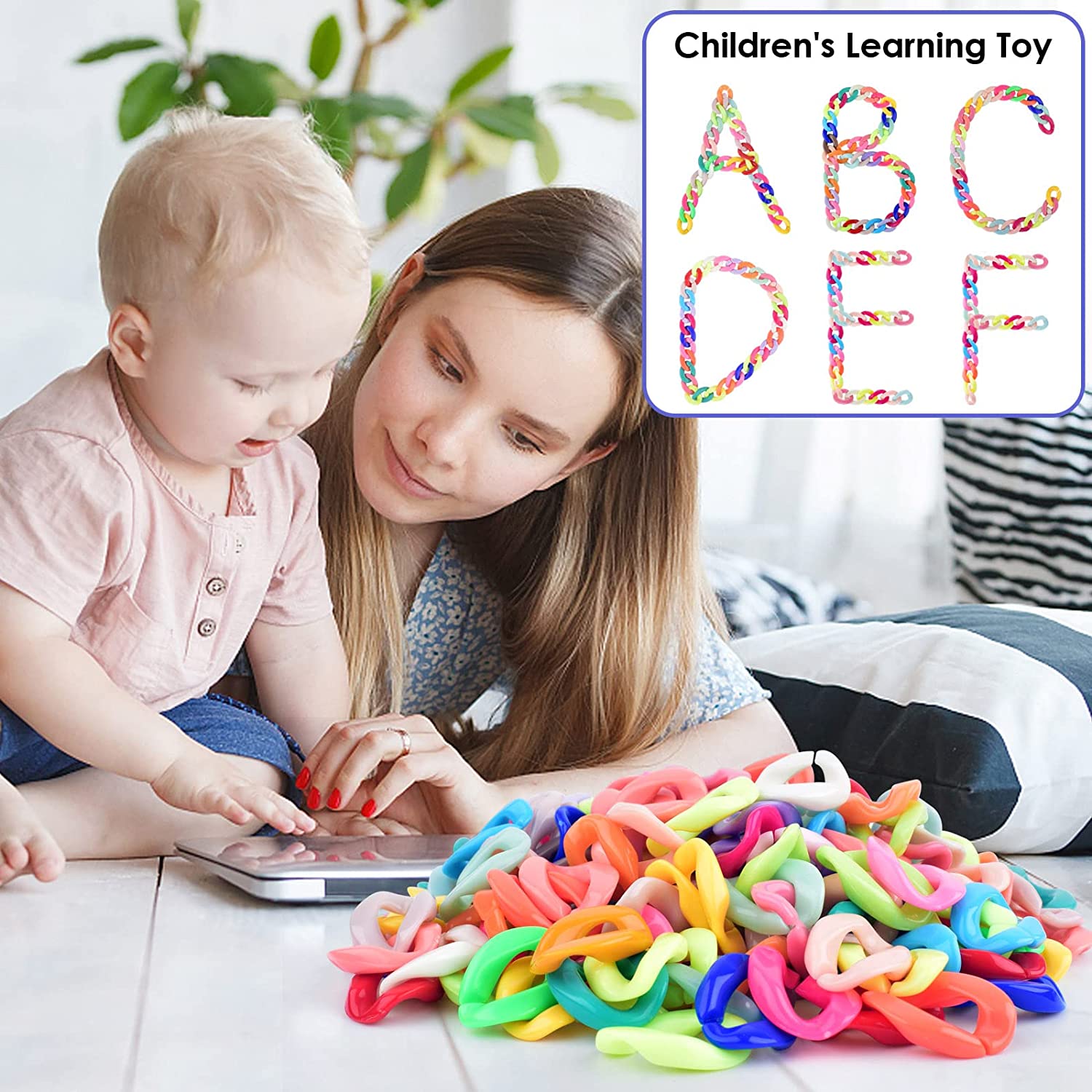 Kreigaven 300pcs Plastic Chain Links Birds， Mix Color Rainbow DIY C-Clips Chains Hooks Swing Climbing Cage Toys for Sugar Glider Rat Parrot Bird， Children's Learning Toy