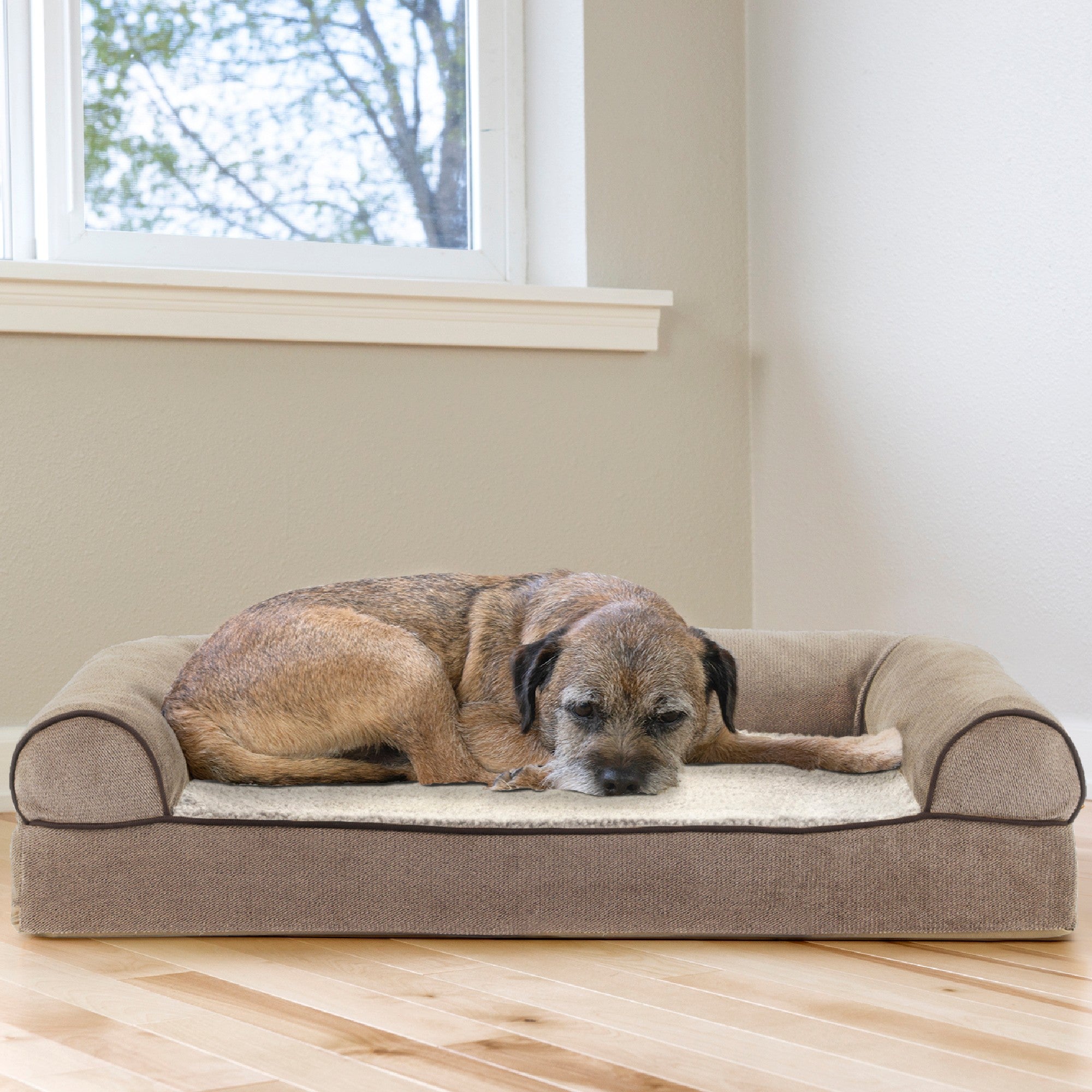 FurHaven | Cooling Gel Faux Fleece and Chenille Sofa Pet Bed for Dogs and Cats， Cream， Medium