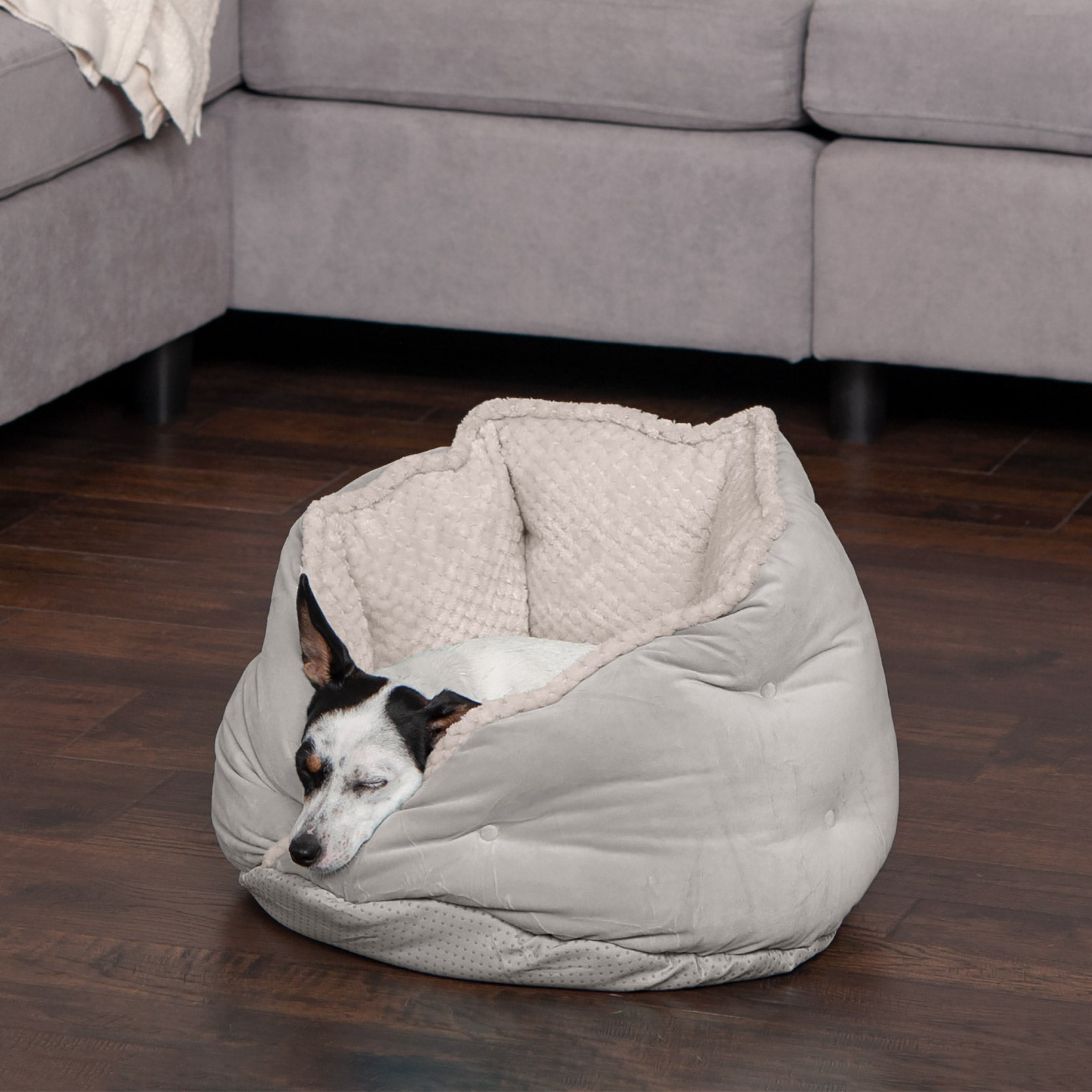 FurHaven | Minky Faux Fur and Velvet Hug Bed for Dogs and Cats， Silver Gray， Small/Toy/Teacup