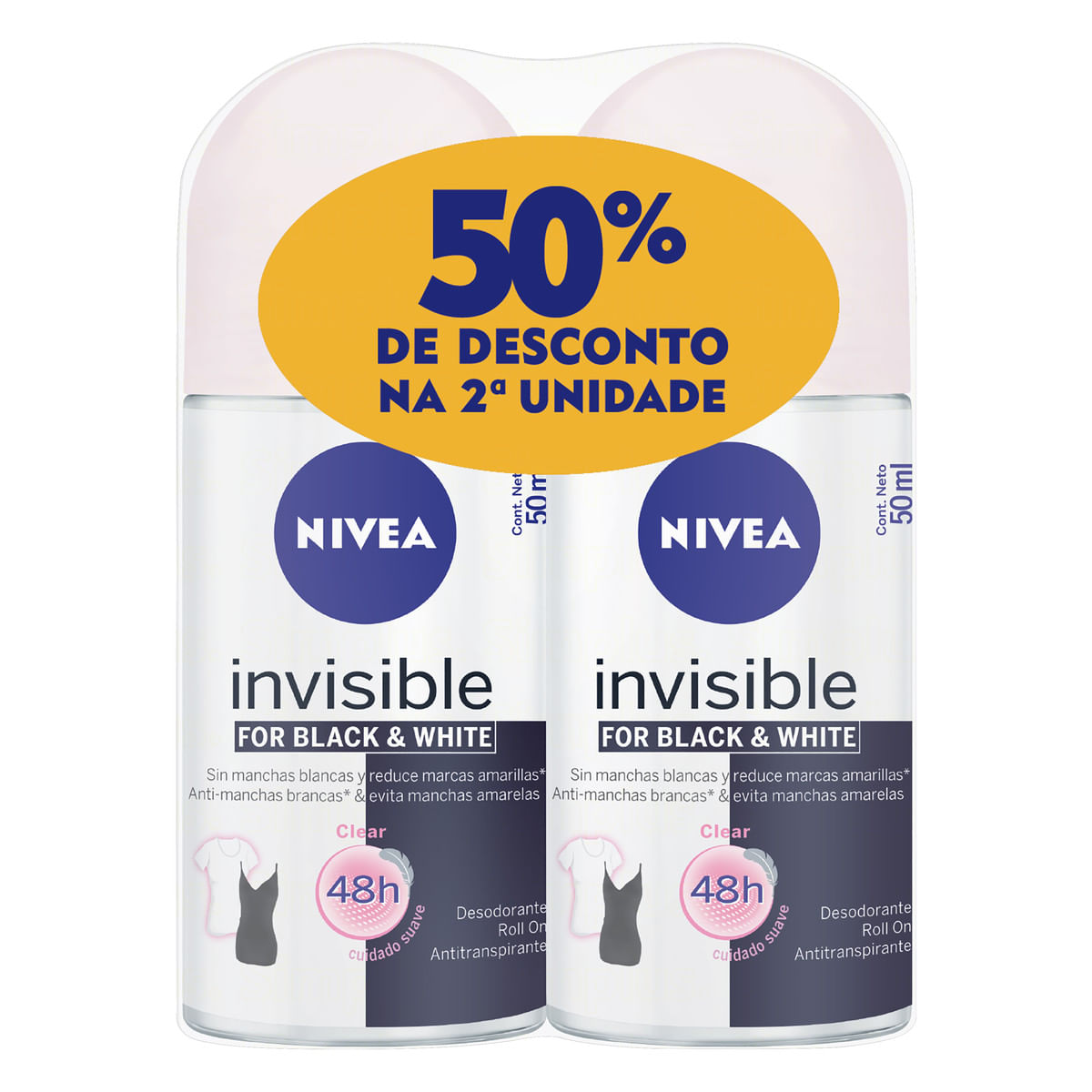 Pack Desodorante Antitranspirante Roll-On Nivea Invisible Black & White Clear 2 Unidades 50 ml Cada Gratis 50% de Desconto na 2a Unidade