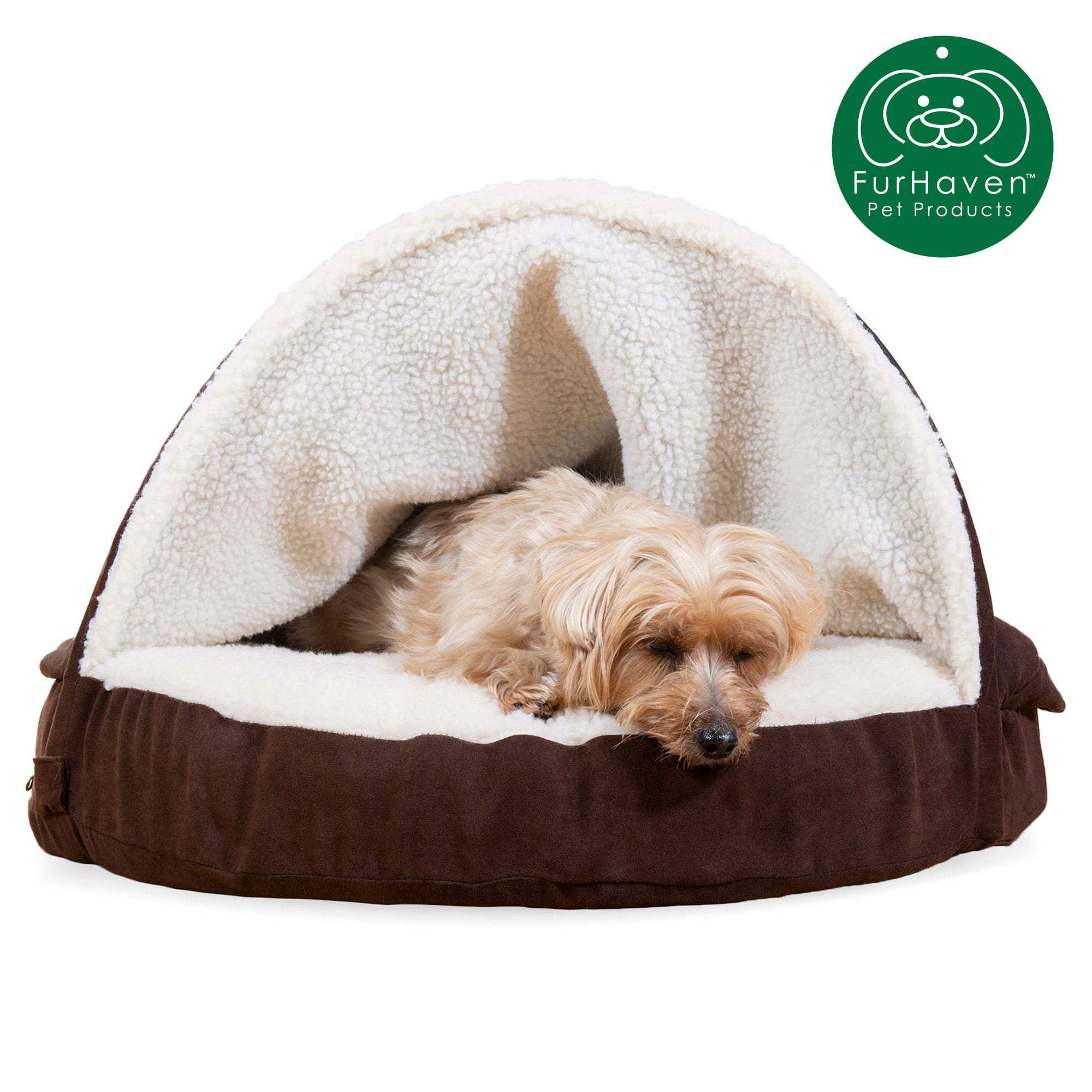 FurHaven | Memory Foam Faux Sheepskin Snuggery Burrow Pet Bed for Dogs and Cats， Espresso， 26-Inch