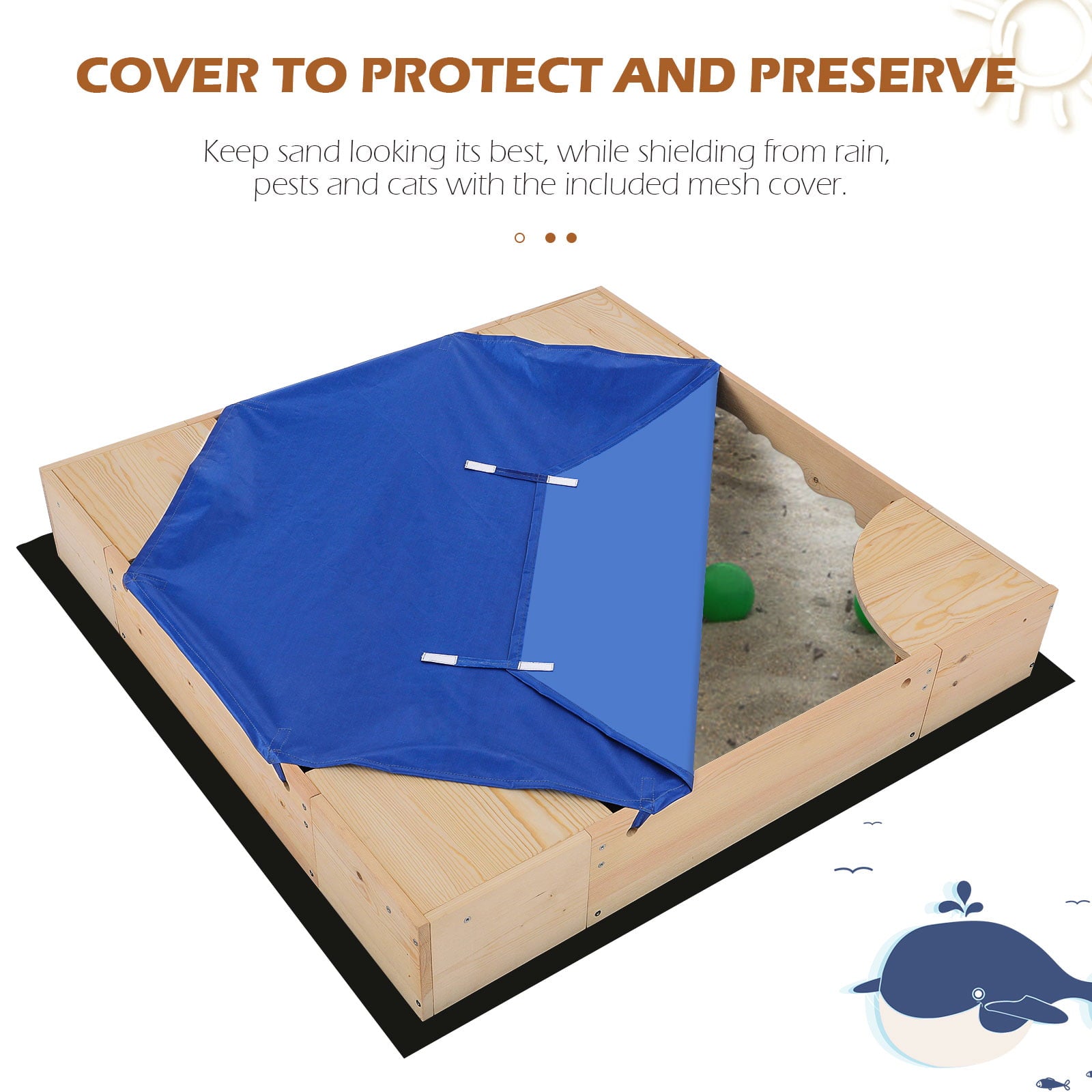 Increkid Kids Wooden Outdoor Sandbox with Cover， Built-in Corner Seats， Natural