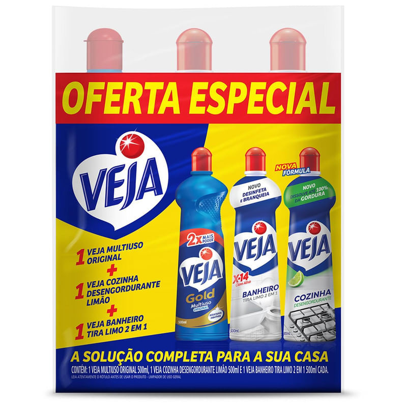 Kit Veja 1 Limpadores Multiuso Original 500ml + 1 Limpador Cozinha Desengordurante Limao 500ml + 1 Limpador Banheiro Tira Limo 500ml
