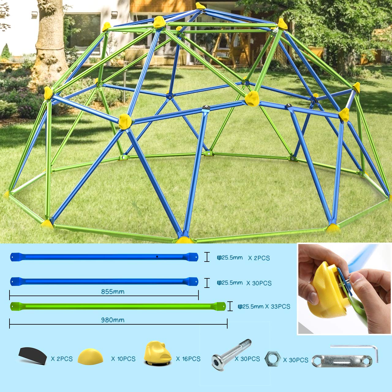 GIKPAL Climbing Dome， 10FT Dome Climber with Canopy Monkey Bars for Kids 3 to 10 Outdoor Play Equipment， Supports up to 1000lbs Jungle Gym， Anti-Rust， Easy Assembly， Gift for Kids - Blue+Green