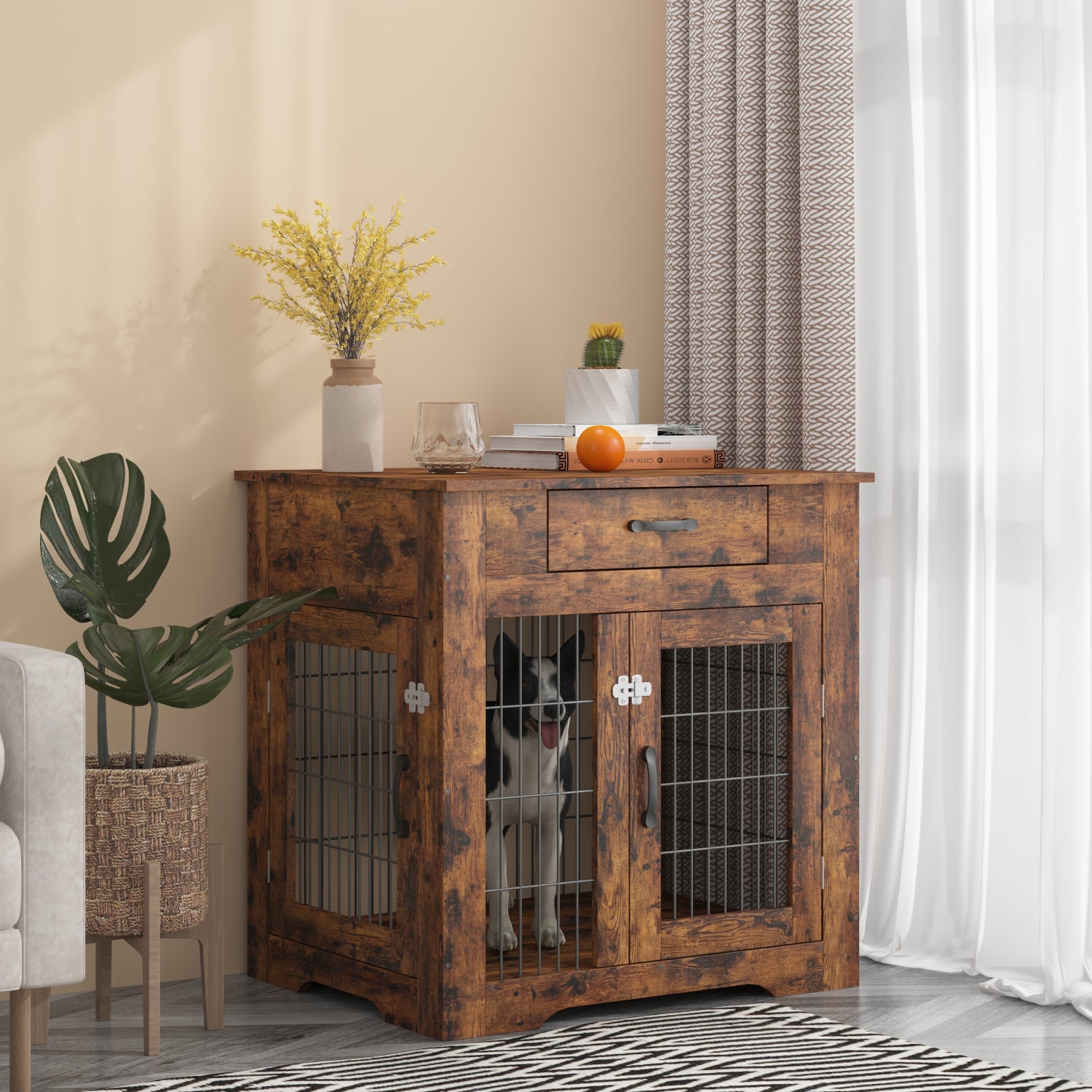 BATE Small Dog Crate Furniture-Style Pet Kennel， Double Doors Dog House with Drawer， Brown