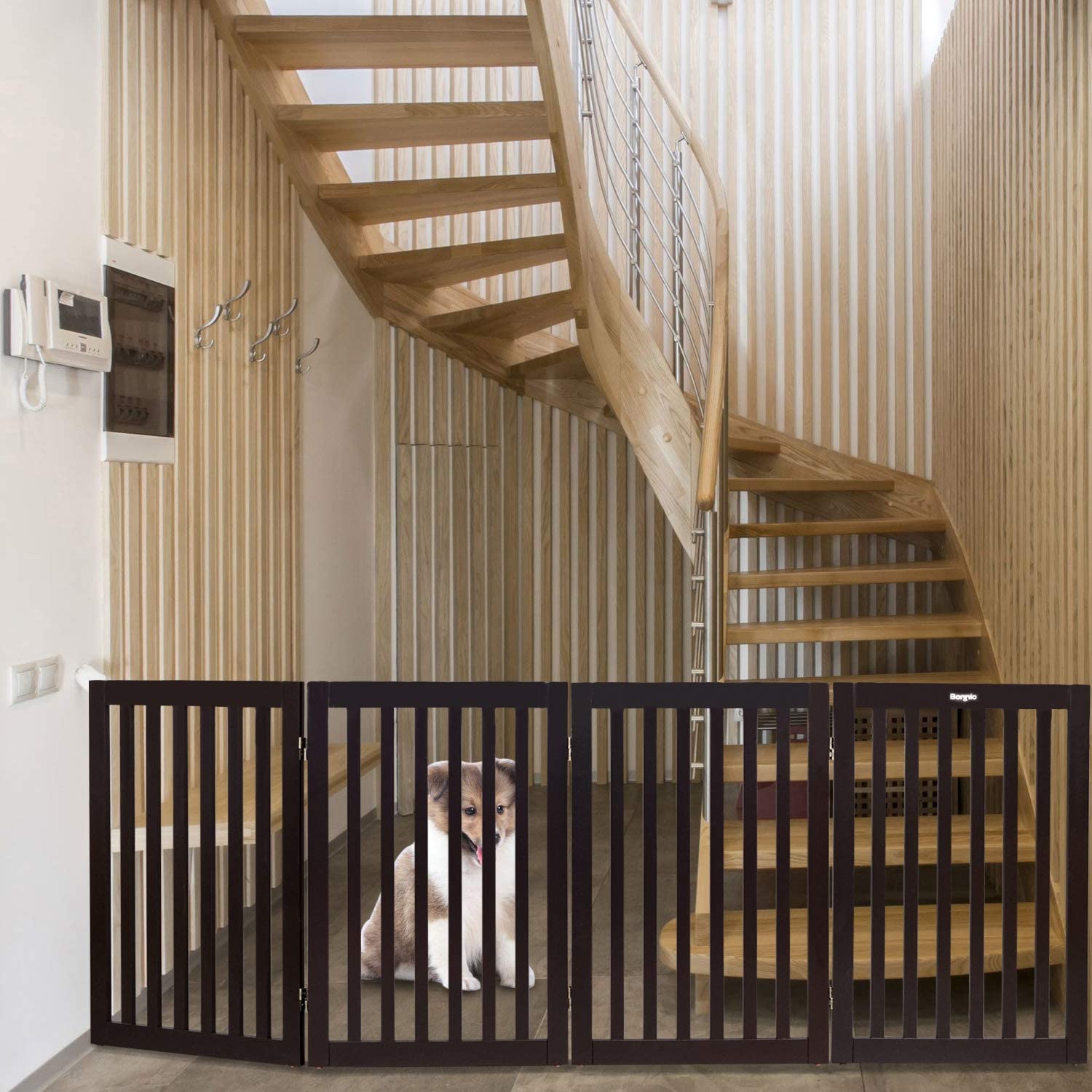 VINGLI Configurable Wood Dog Gate 4 Panel Freestanding Foldable Kitty Pet Puppy Doggy Gate Indoor Doorway Stairs | Fully Assembled | Expands Up to 82.9