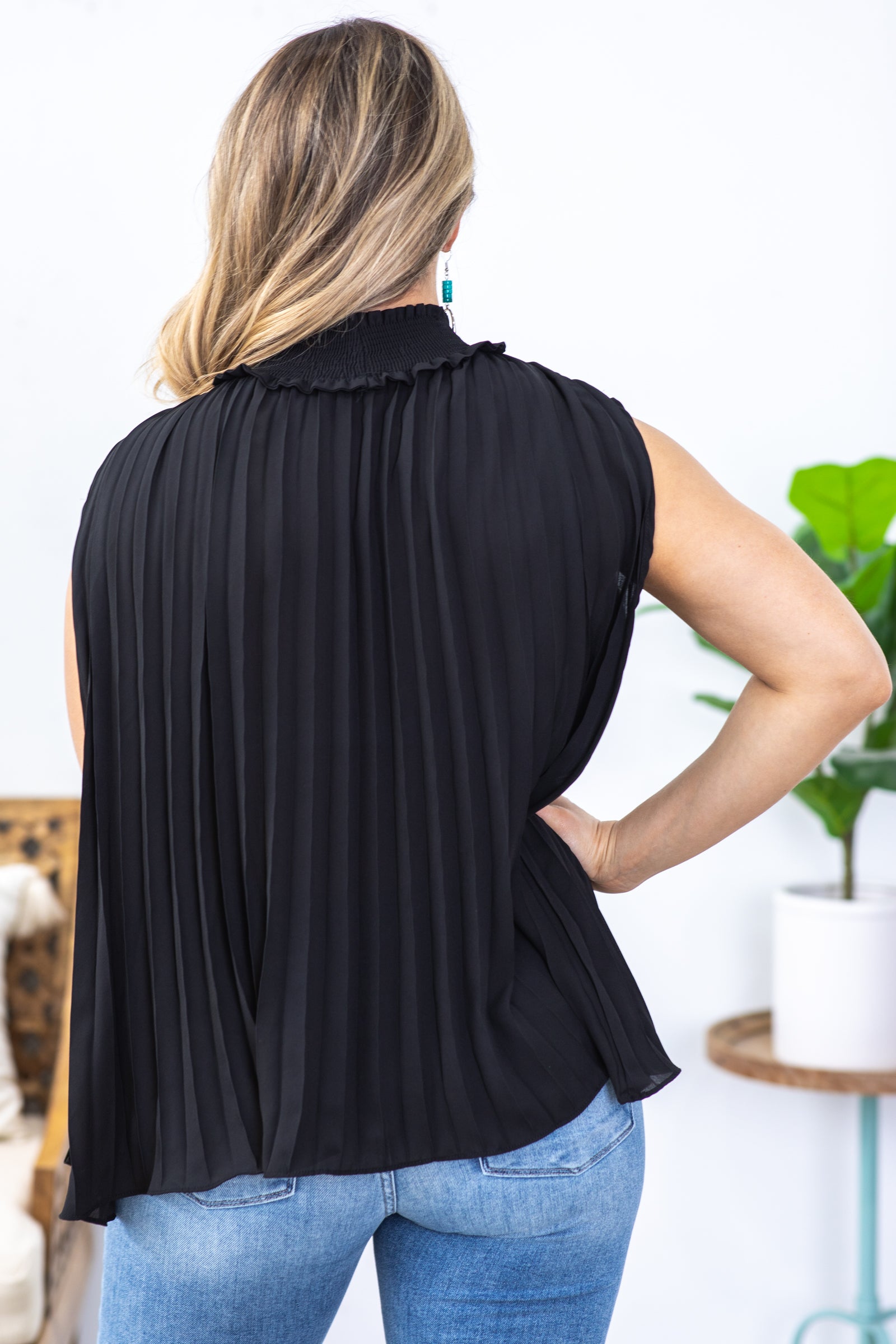 Black Smocked Neck Accordion Pleat Top