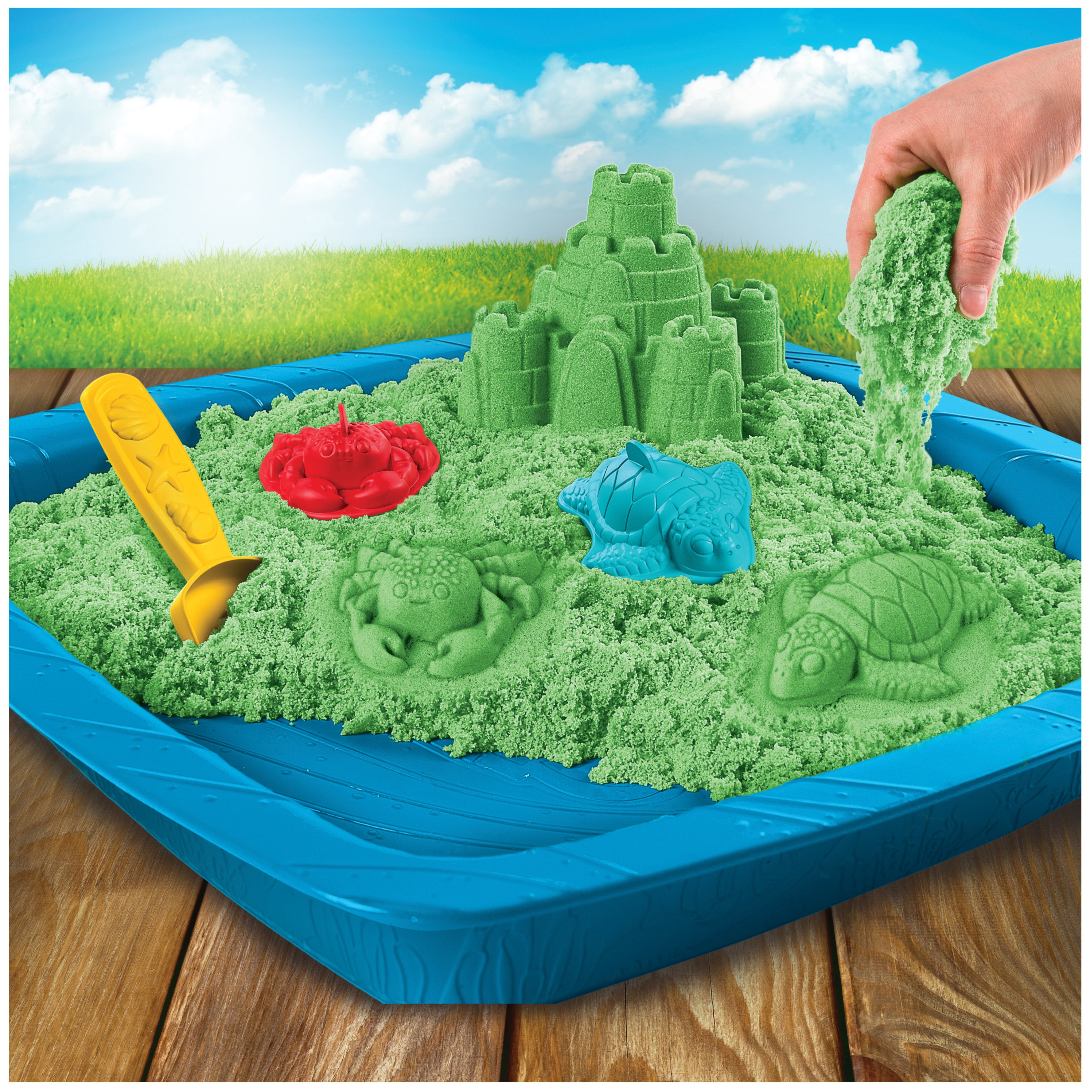 Kinetic Sand, Sandbox Playset with 1lb of Green Kinetic Sand and 3 Molds, for ages 3 and up