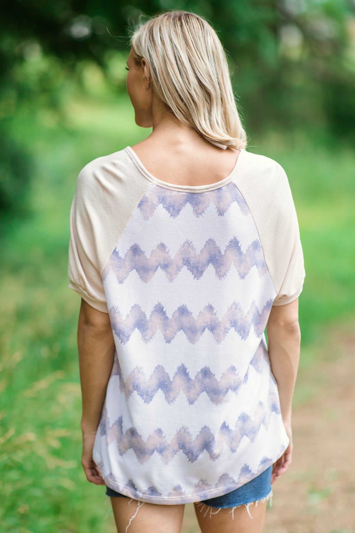 Cream and Beige Chevron Print Raglan Top