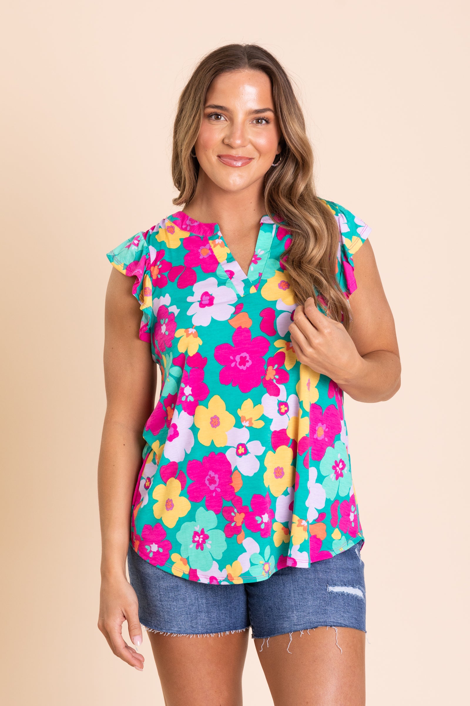 Jade Floral Ruffle Sleeve Wrinkle Free Top