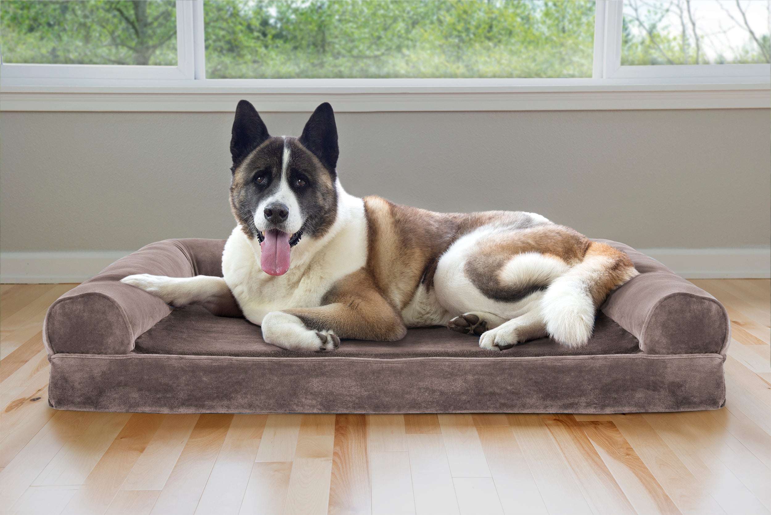 FurHaven | Cooling Gel Faux Fur and Velvet Sofa Pet Bed for Dogs and Cats， Driftwood Brown， Jumbo