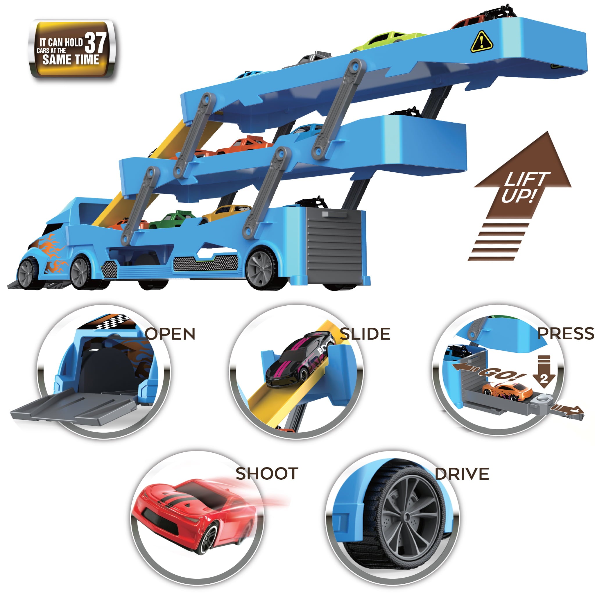 TOYLI Vehicle Playset Toy Car Hauler Carrier Truck with Track， Launcher， 6 Metal Die-Cast Vehicles， for Boys Girls Toddlers