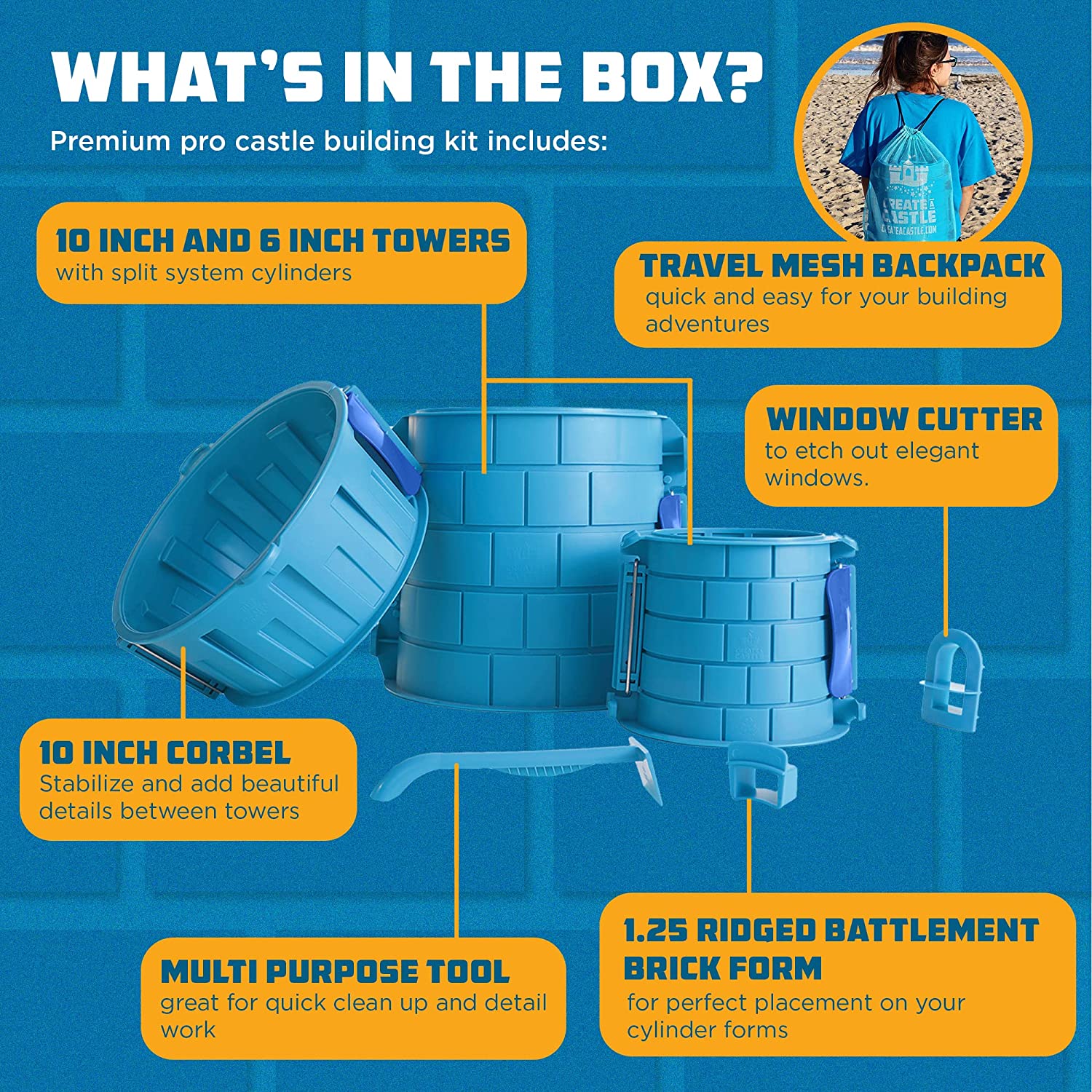 Create A Castle - Pro Tower Kit, Split Mold Sand Castle Construction, Plastic Beach Toy for Kids