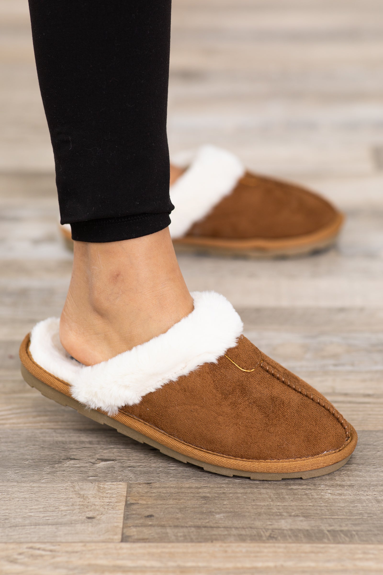 Camel Faux Fur Lined House Slippers