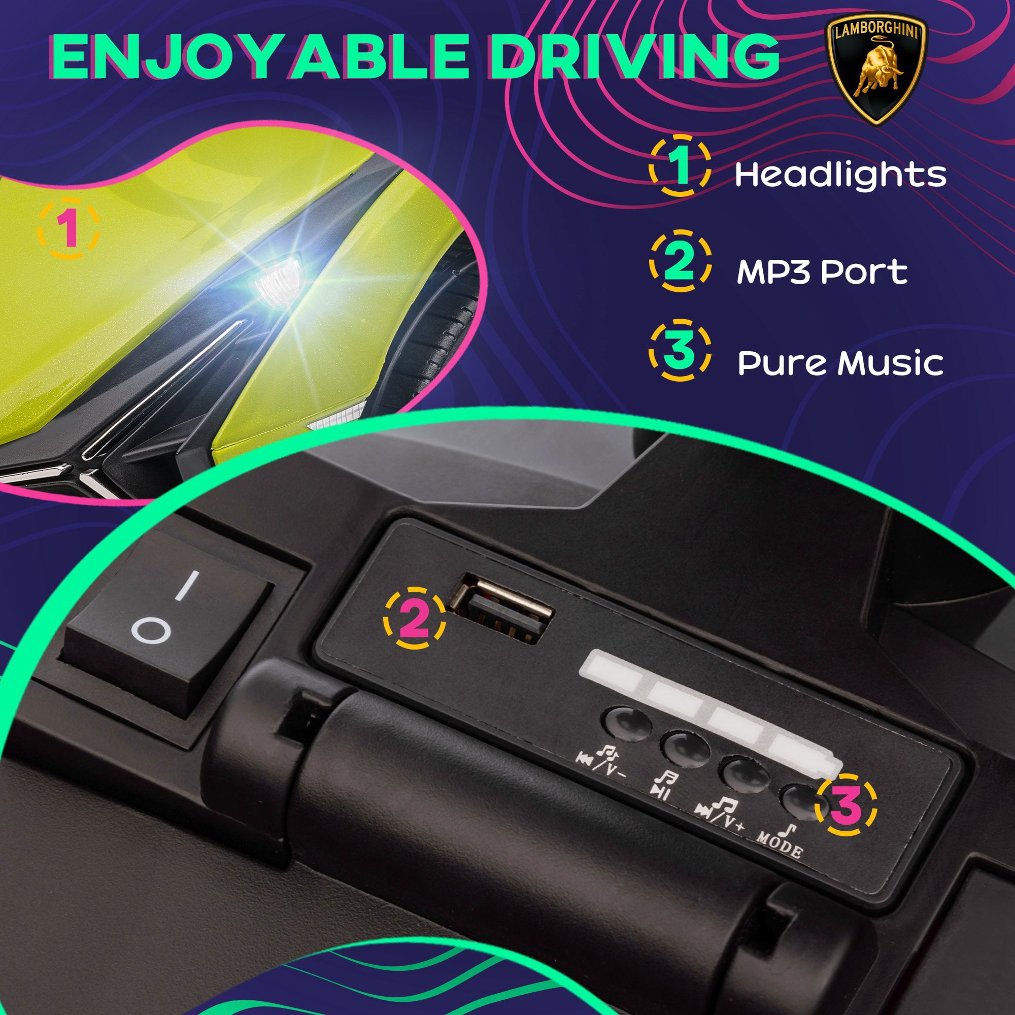 Aosom Licensed Lamborghini SIAN FKP 37 Kids Ride on Push Car， Ride Racer， Foot-to-floor Sliding Car with Music， Headlights， Under Seat Storage， for 18-48 Months， Green