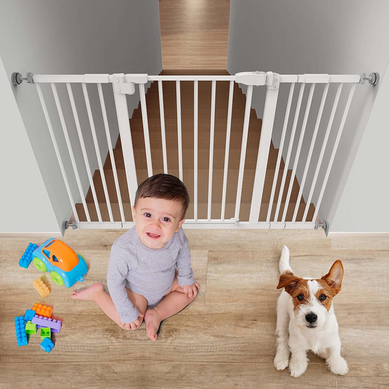 Baby Safety Gate 29.1- 47.6 inch， Adjustable Simple Pass Walk-Through Gate No Drill， Extra Wide Dog gate 30 inch Height for Stairs， Hallways， Bedrooms