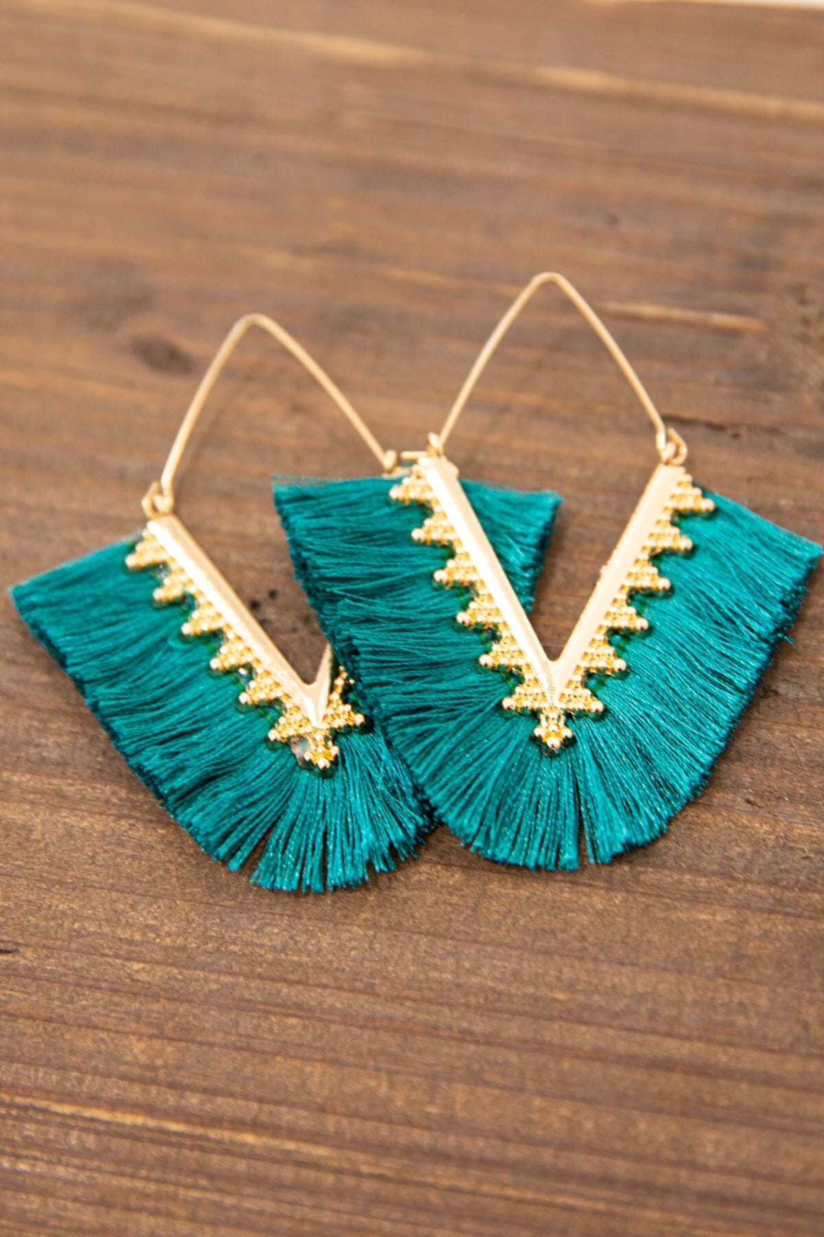Teal Triangle Fan Tassel Earrings