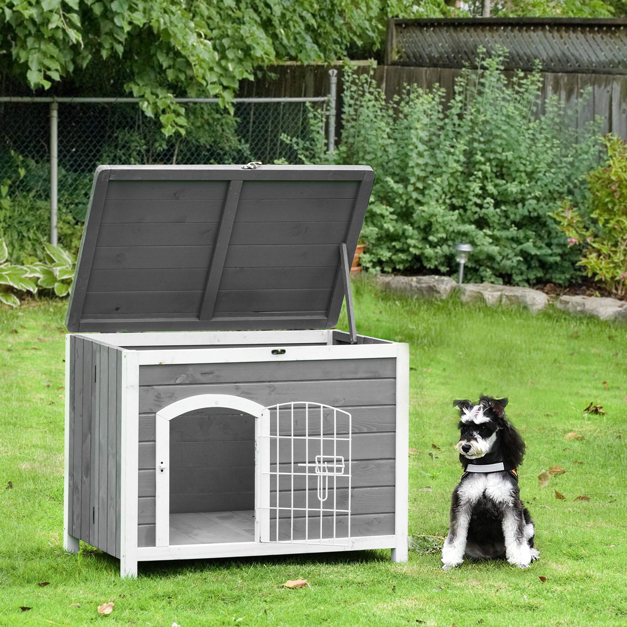 OWSOO Foldable Raised Wooden Dog House Indoor and Outdoor Dog Cage Kennel Cat House w/ Lockable Door Openable Roof Removable Bottom for Small and Medium Pets Grey