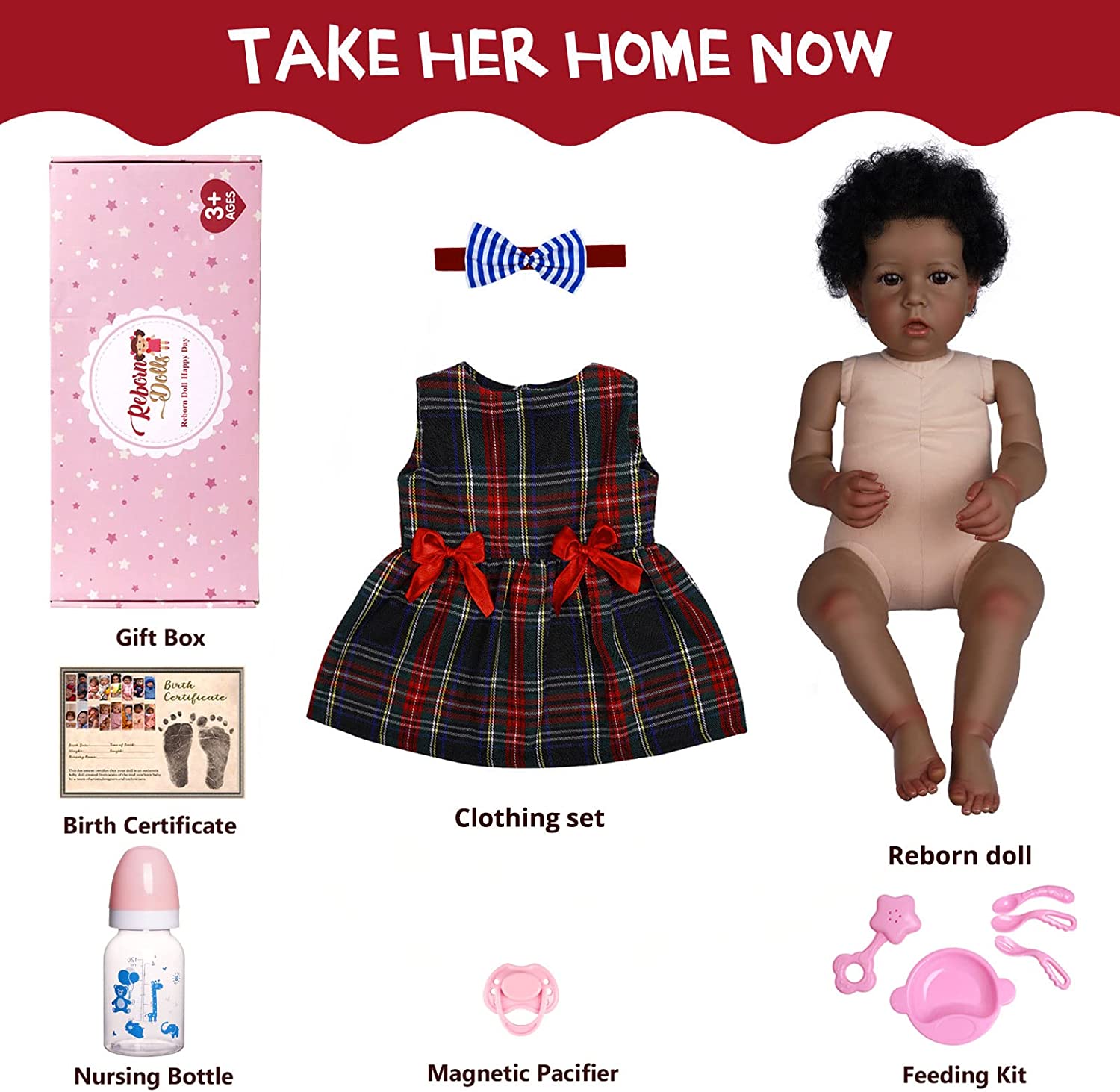 JIZHI Realistic Reborn Baby Dolls Black with Smooth Skin Lifelike Newborn Brown Eyes African American Girls with Clothes for Kids Age 3+