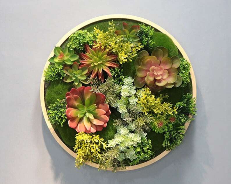 Realistic Faux Artificial Succulents Living Wall Art Decor Wood Framed