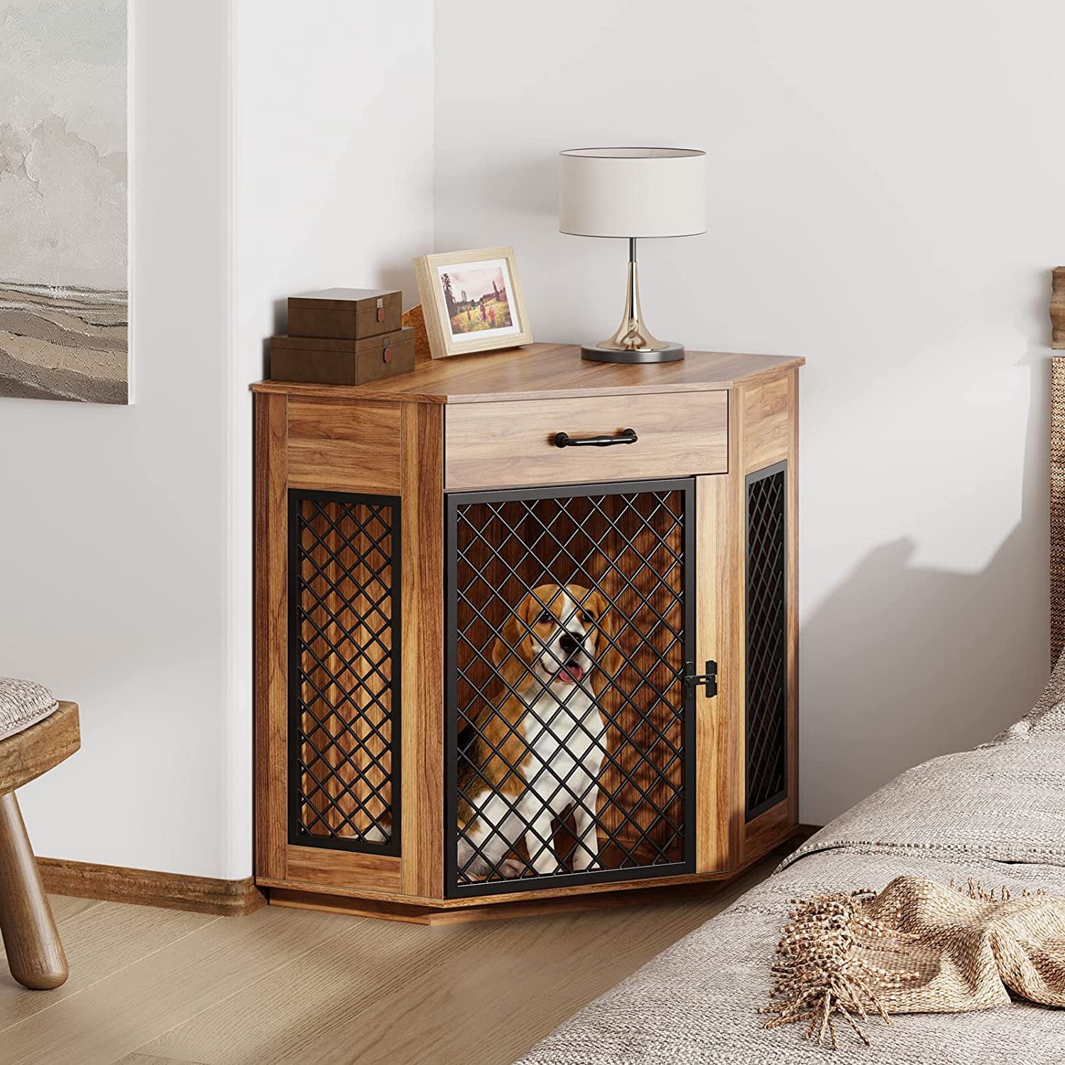 Soges Dog Crate Furniture with Drawer， Corner Kennel with Mesh Door， Wooden Dog House for Small/Medium Dog