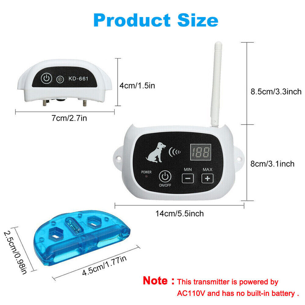 KingFurt Pet Electric Fence Containment System Wireless Waterproof Adjustable Shock Collar Pet Trainer(1-Drag-1)