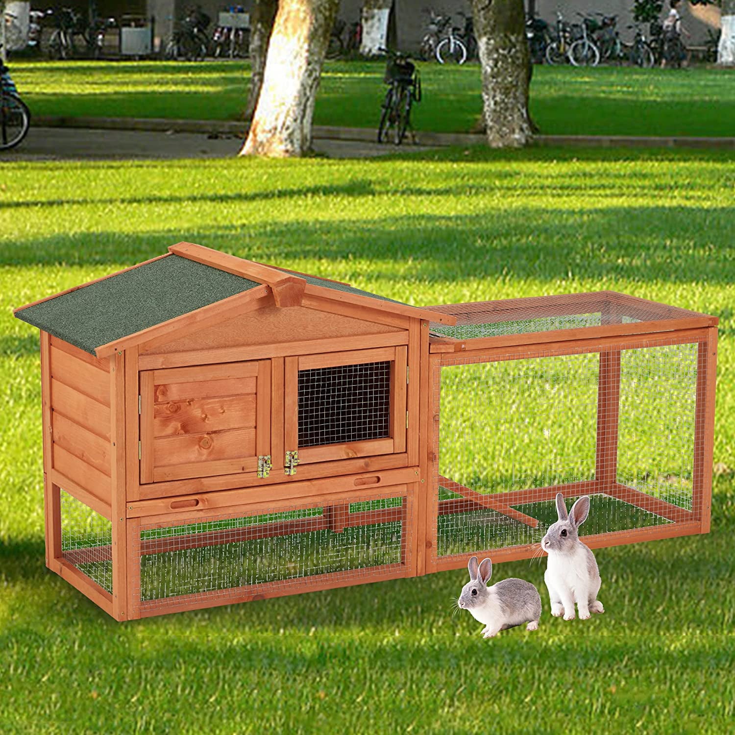 Wooden Rabbit Hutch， 2-Tiyer Indoor Outdoor Pet House with Pull Out Tray， Bunny Cage with Ramp and Waterproof Roof， Grey