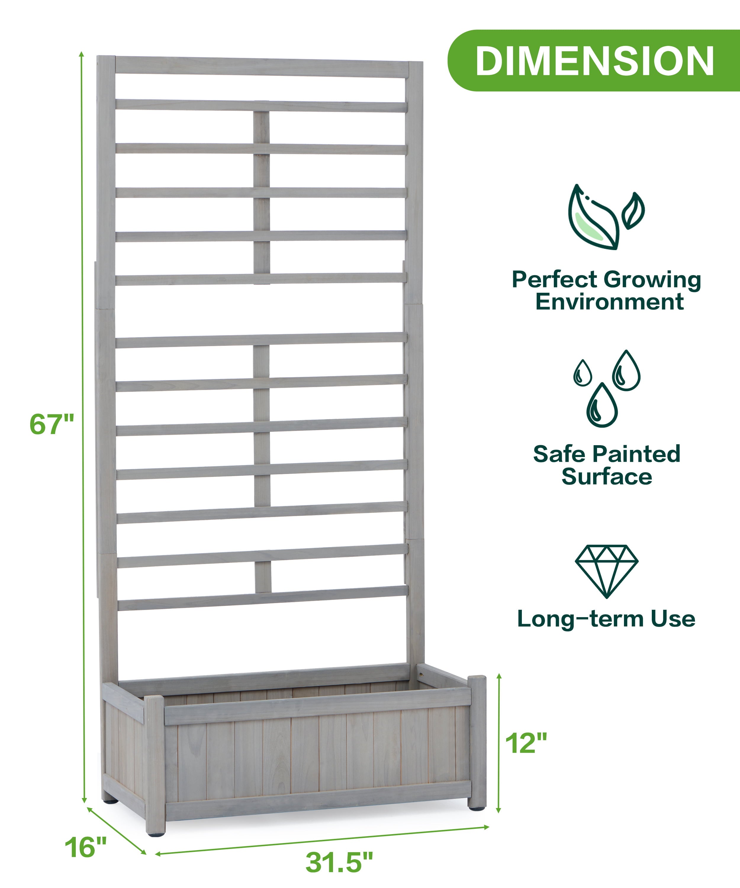D-road 31.5x16x67" Wooden Raised Garden Bed W/ Adjustable Trellis, Climbing Racks Patio Planter Box, Gray