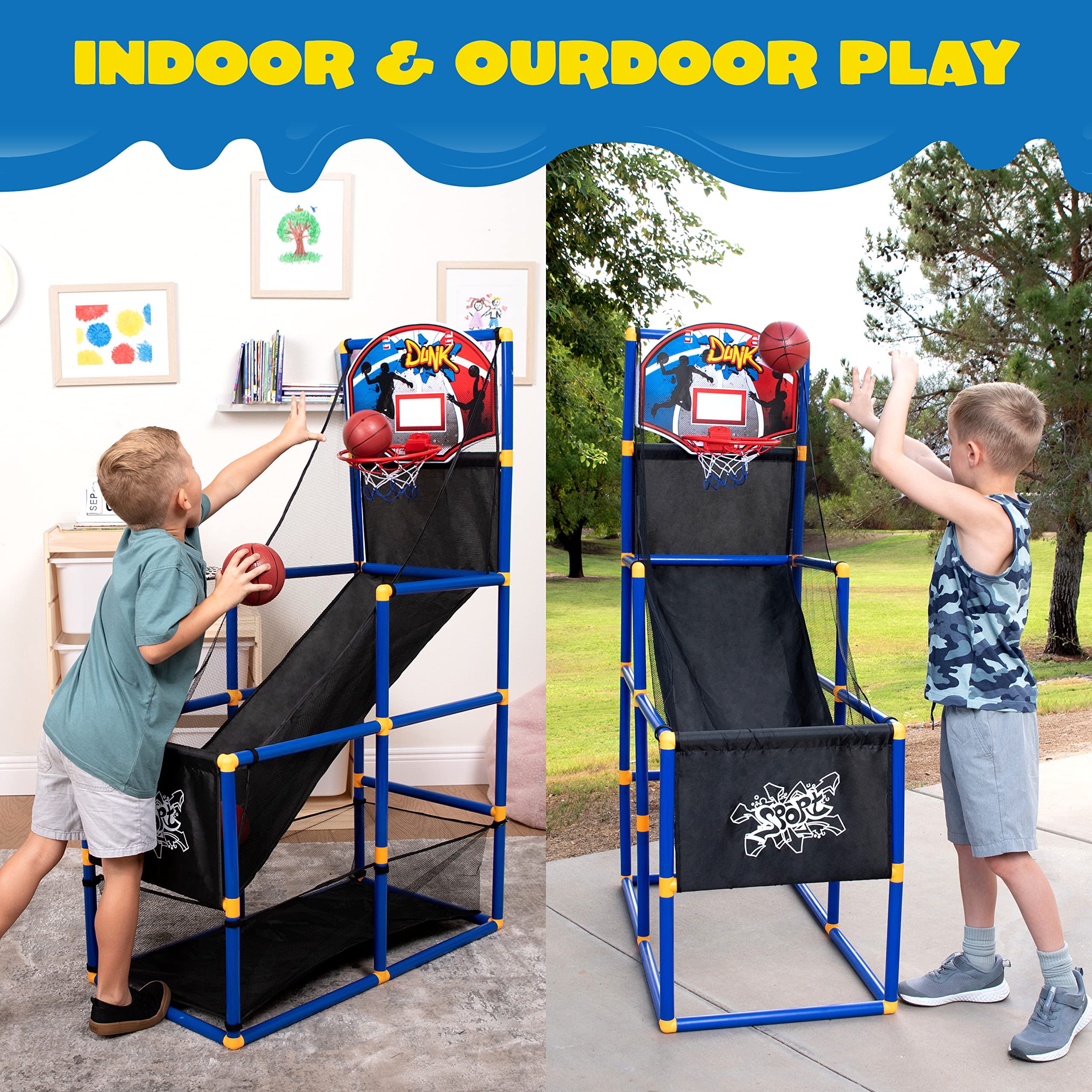 JOYIN Kids Arcade Basketball Game Set with 4 Balls and Hoop for Kids Indoor Outdoor Sport Play - Easy Set Up - Air Pump Included - Ideal for Games and Competition