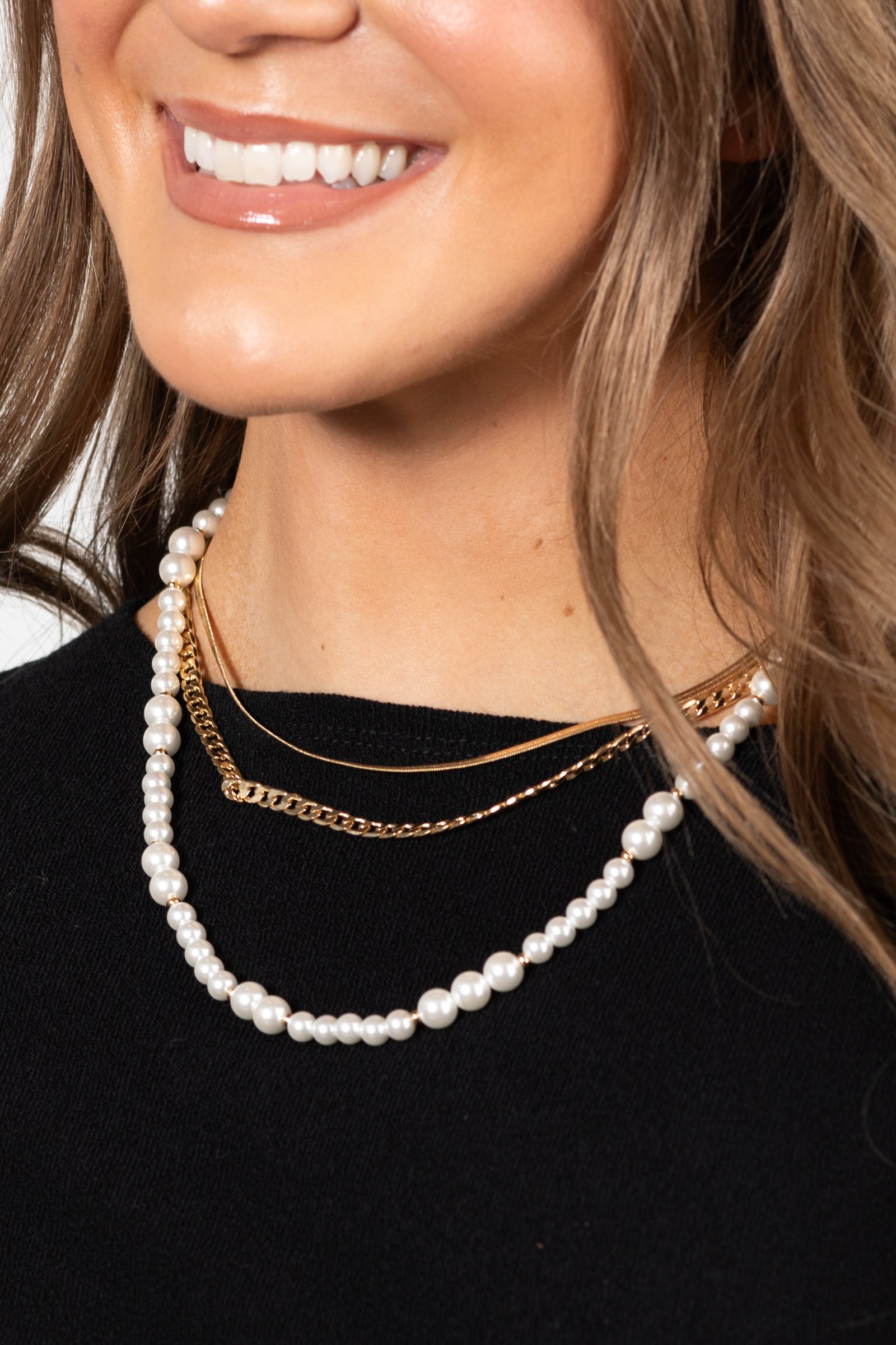 Herringbone And Pearl Chain Layer Necklace