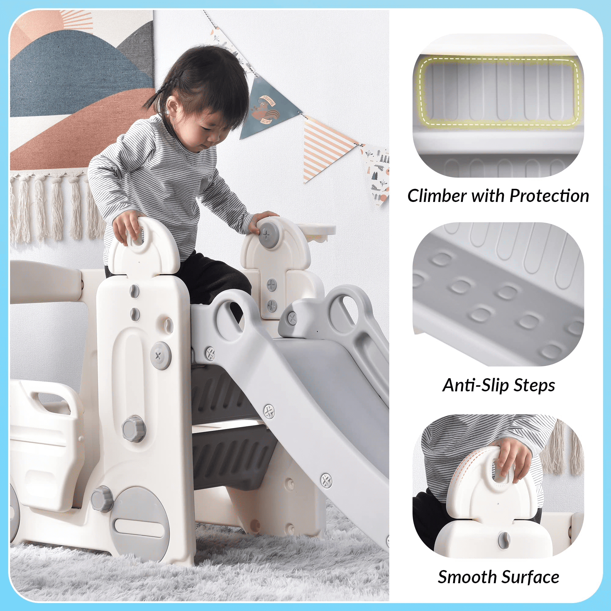 Kainsy 4-in-1 Baby Slide with Bus, Indoor Kids Slide with Basketball Hoop, Climber & Bus Playhouse, Outdoor Playground Slide for Toddler 1+ Playset, Gray and White