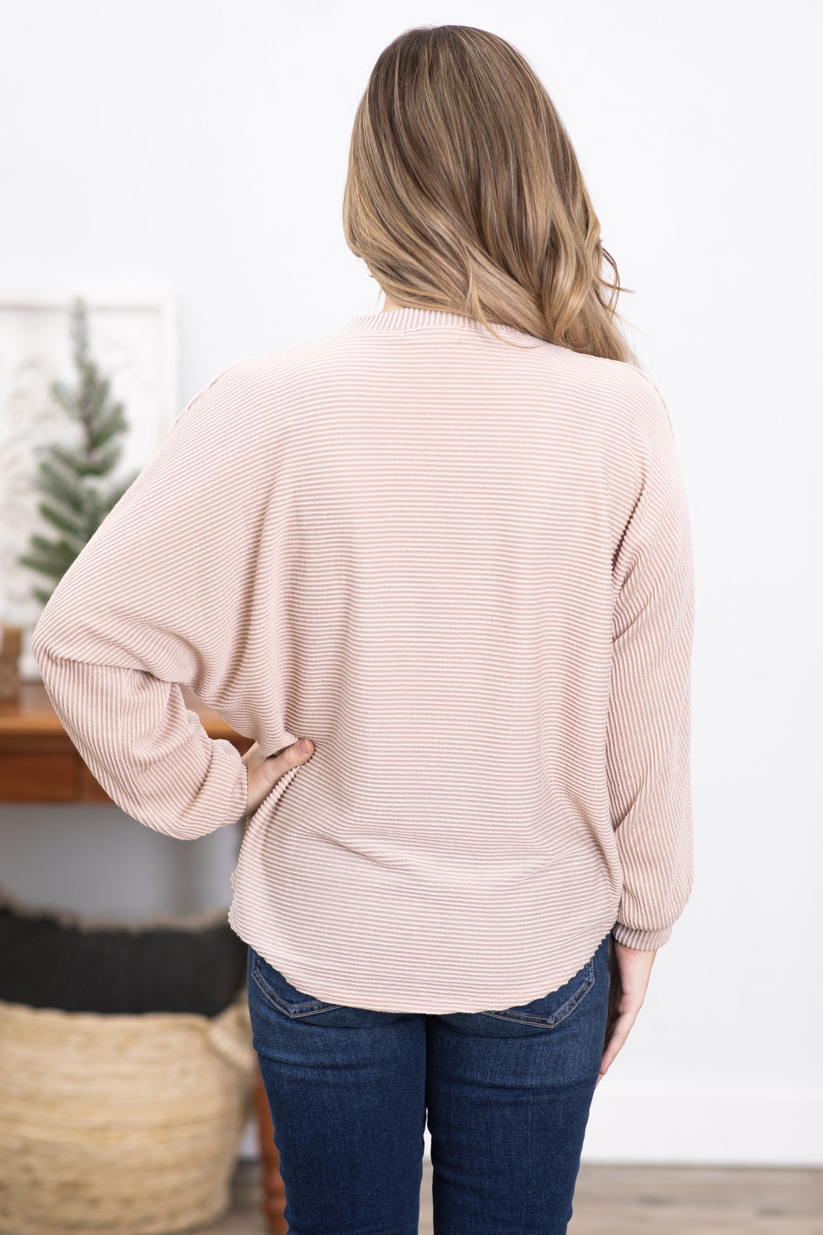 Oatmeal Horizontal Ribbed Dolman Sleeve Top