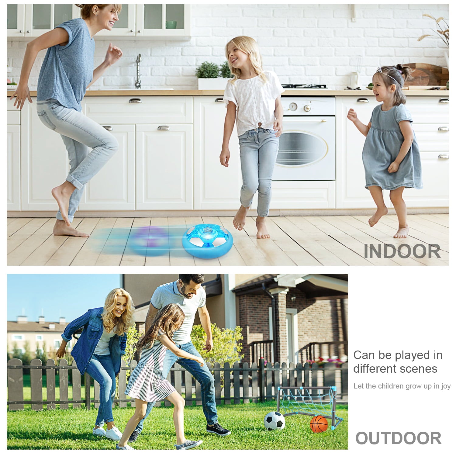 Growsly Soccer Set for Kids Boys Toddler 2-8 Years Old Hover Soccer Ball with 2 Goals， Electric LED Light， Light Blue