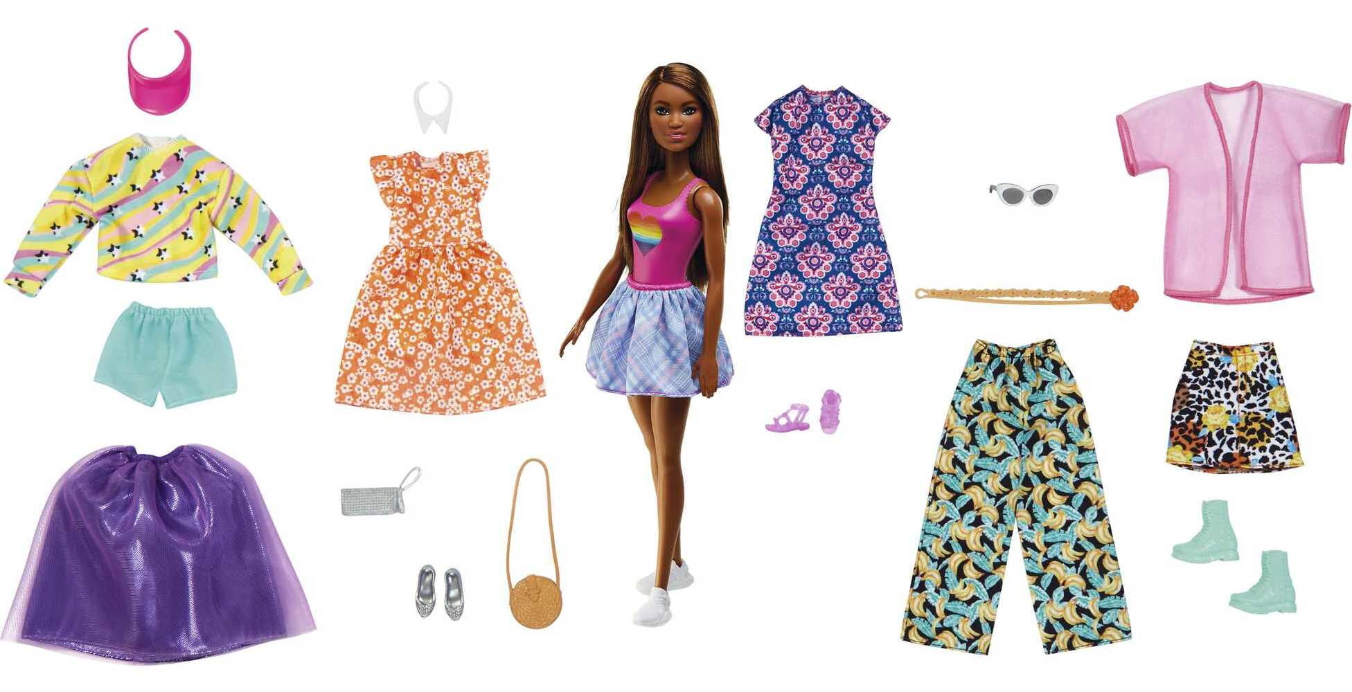 Barbie Doll with 19-Piece Fashion Pack, Clothes & Accessories for 7 Outfits, Brown Hair