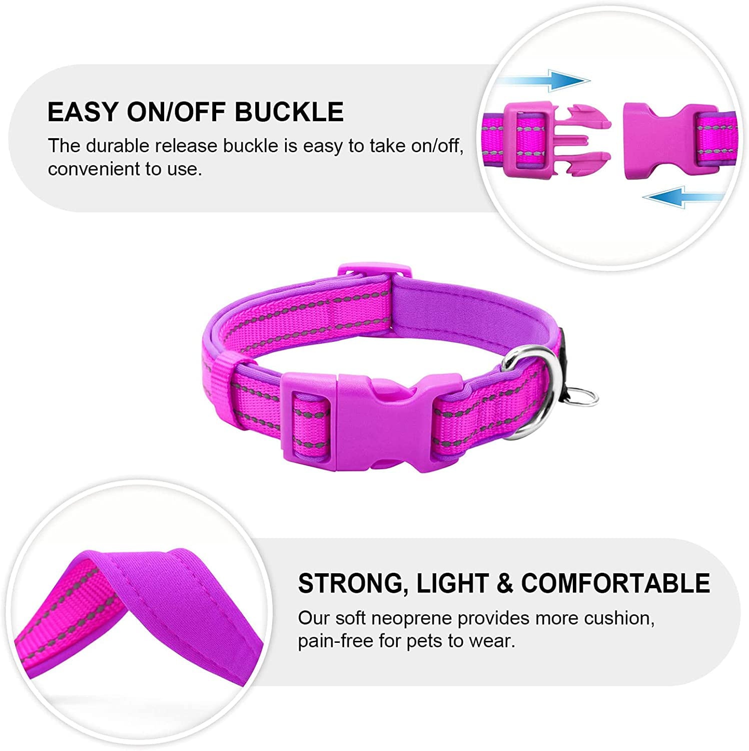 azuza Reflective Dog Collar Super Soft Neoprene Padded Dog Collars with ID Tag Ring for Small Medium Large Dogs