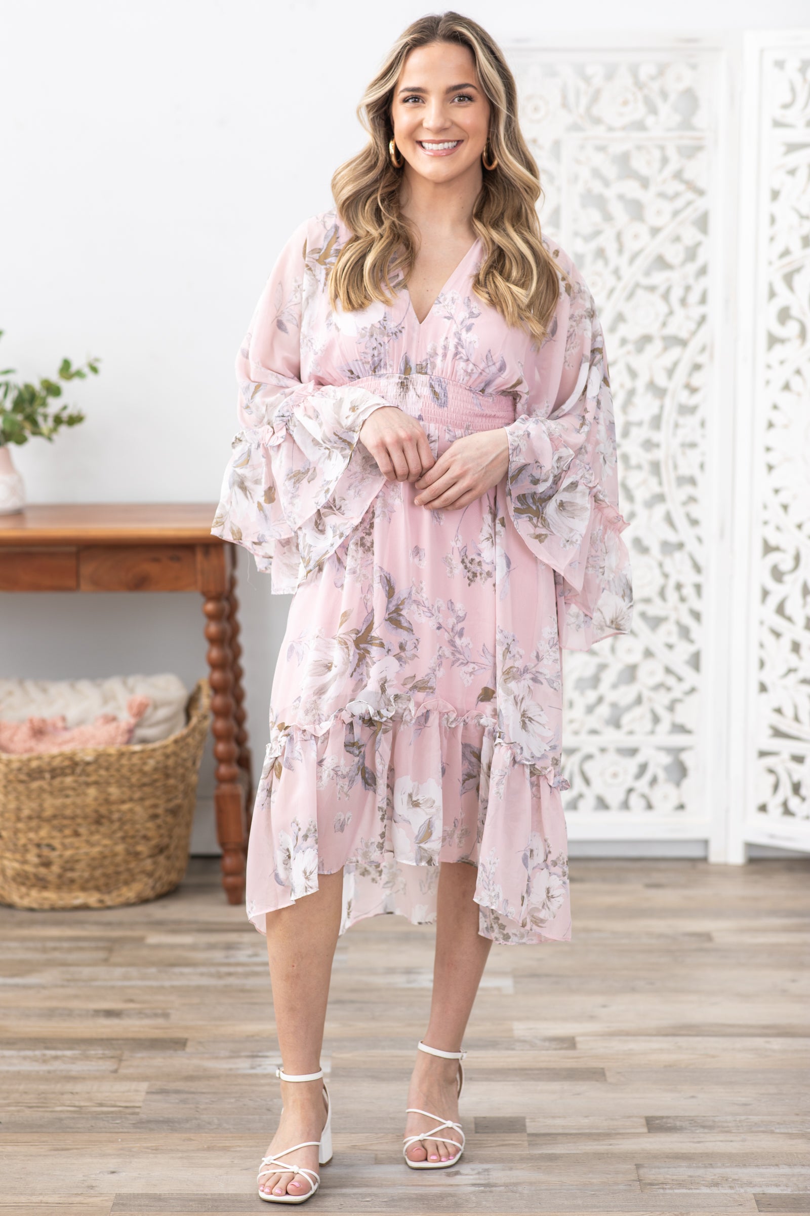 Blush Floral Print Dolman Sleeve Midi Dress