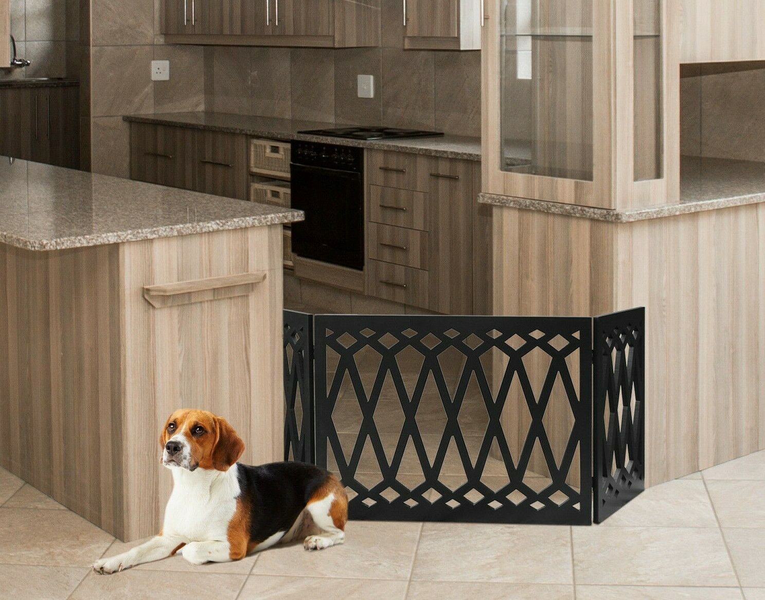 Freestanding Folding Gate | Expandable Wooden Fence for a Small to Medium Pet Dog | Limits Pup's Access to Stairs， Doorways， Hallways (Black， Diamond Print)