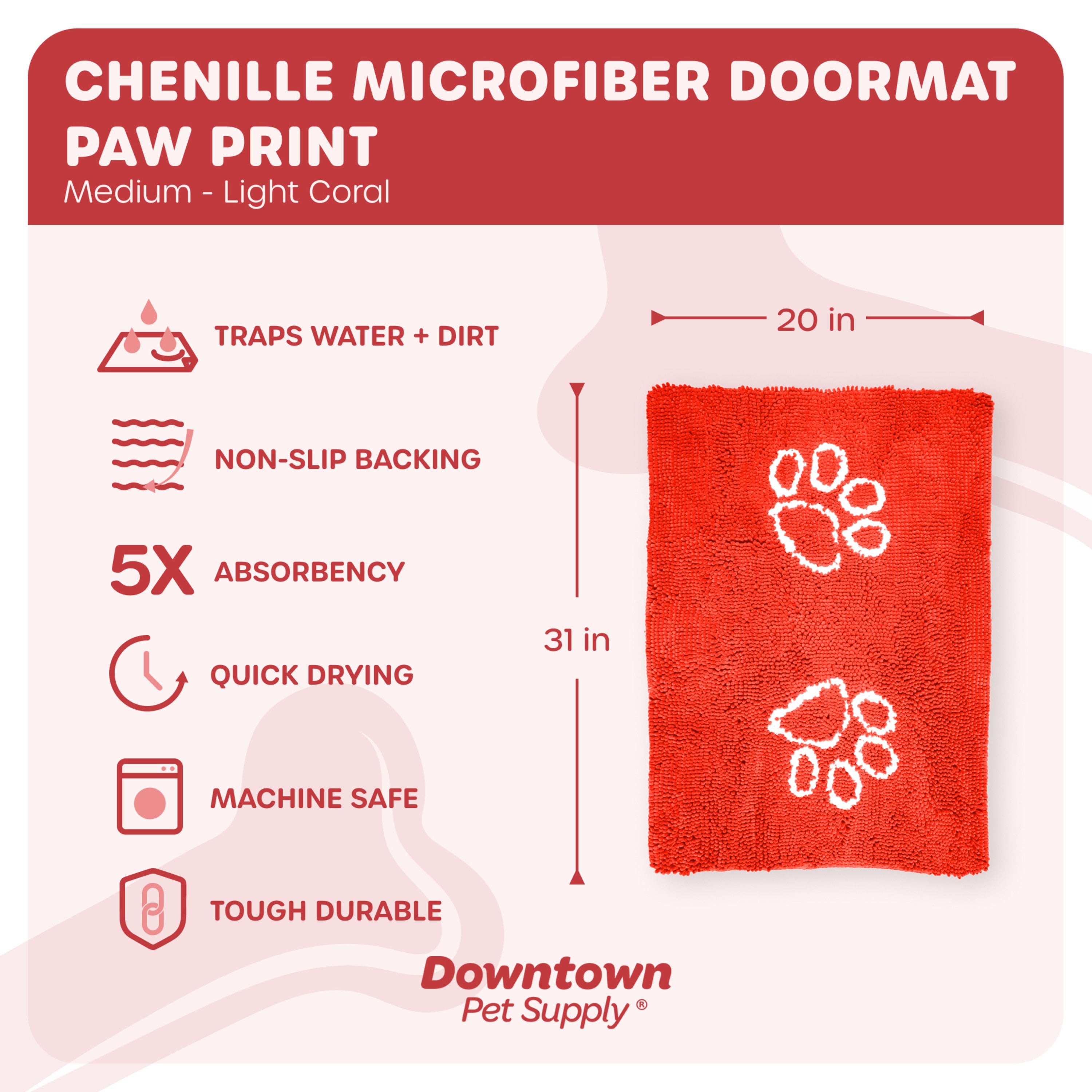 My Doggy Place Dog Mat for Muddy Paws， Washable Dog Door Mat， Light Coral， M