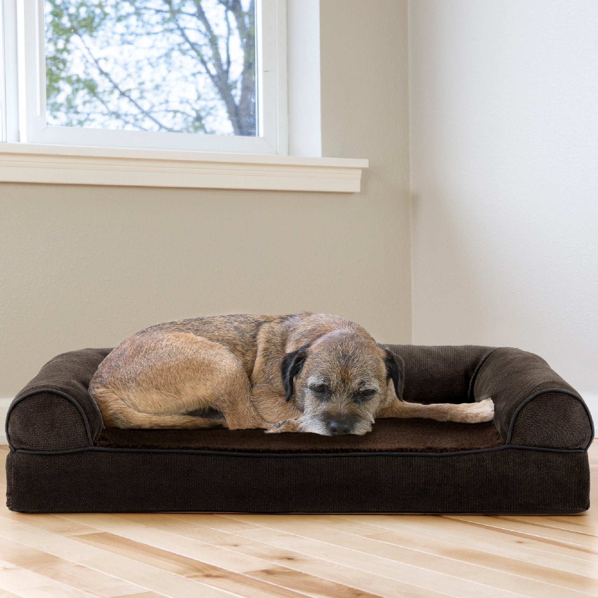 FurHaven | Cooling Gel Faux Fleece and Chenille Sofa Pet Bed for Dogs and Cats， Coffee， Medium