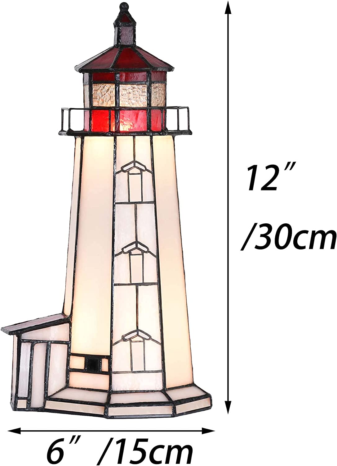 SHADY L10770 Peggy's Point Lighthouse  Style Stained Glass Accent Table Lamp Night Light  12-inches Tall