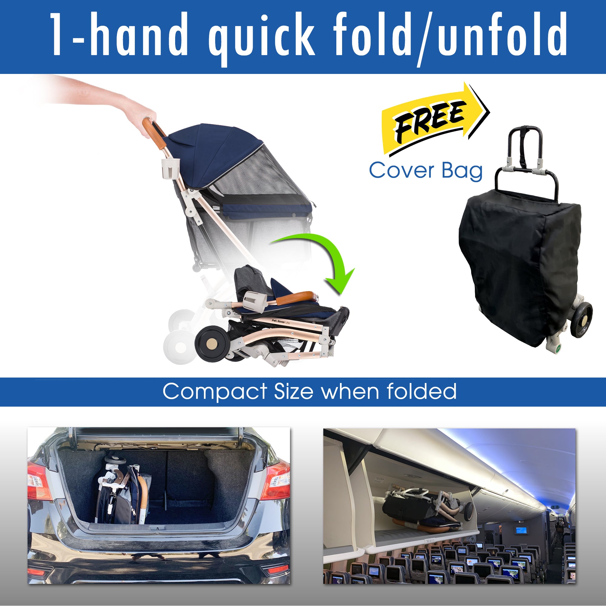 HPZ Pet Rover Lite Travel Dog， Cat and Pet Stroller， Navy Blue