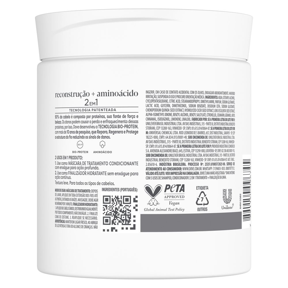 Mascara Capilar Dove 2 em 1 Reconstrucao + Aminoacido 500g
