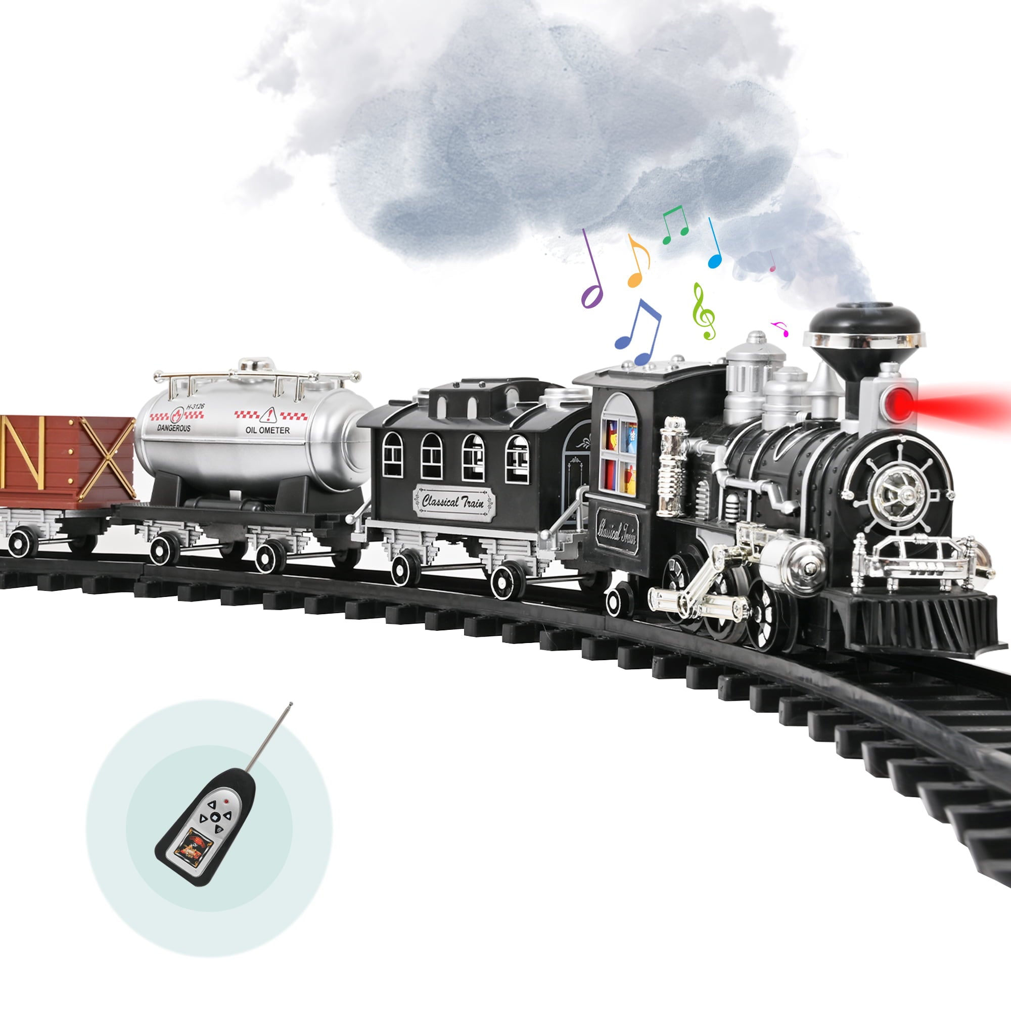 FANL Classic Train Set with Smoke， Sound and Light， RC Train Toy ， Birthday Gift for Boys and Girls